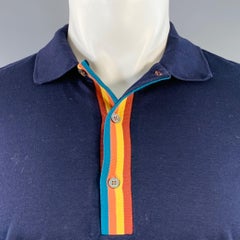 PAUL SMITH Size M Navy Multi Color Striped Trim Cotton Buttoned Polo
