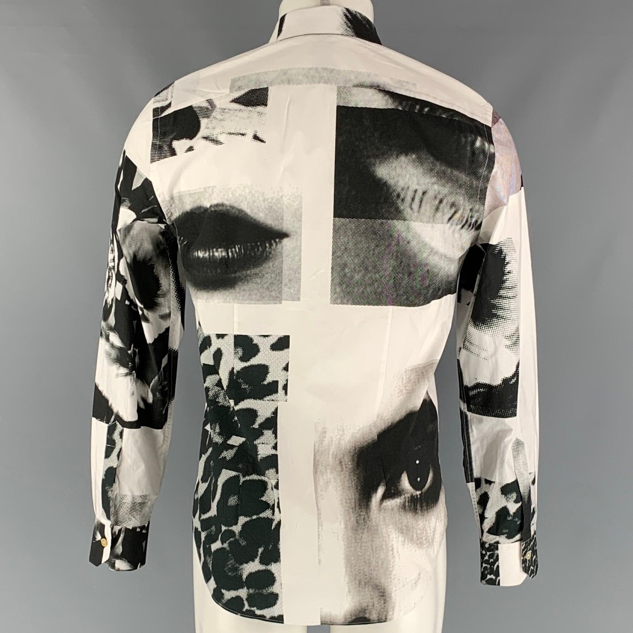 PAUL SMITH Size M White &  Black Print Cotton Button Up Long Sleeve Shirt In Excellent Condition For Sale In San Francisco, CA