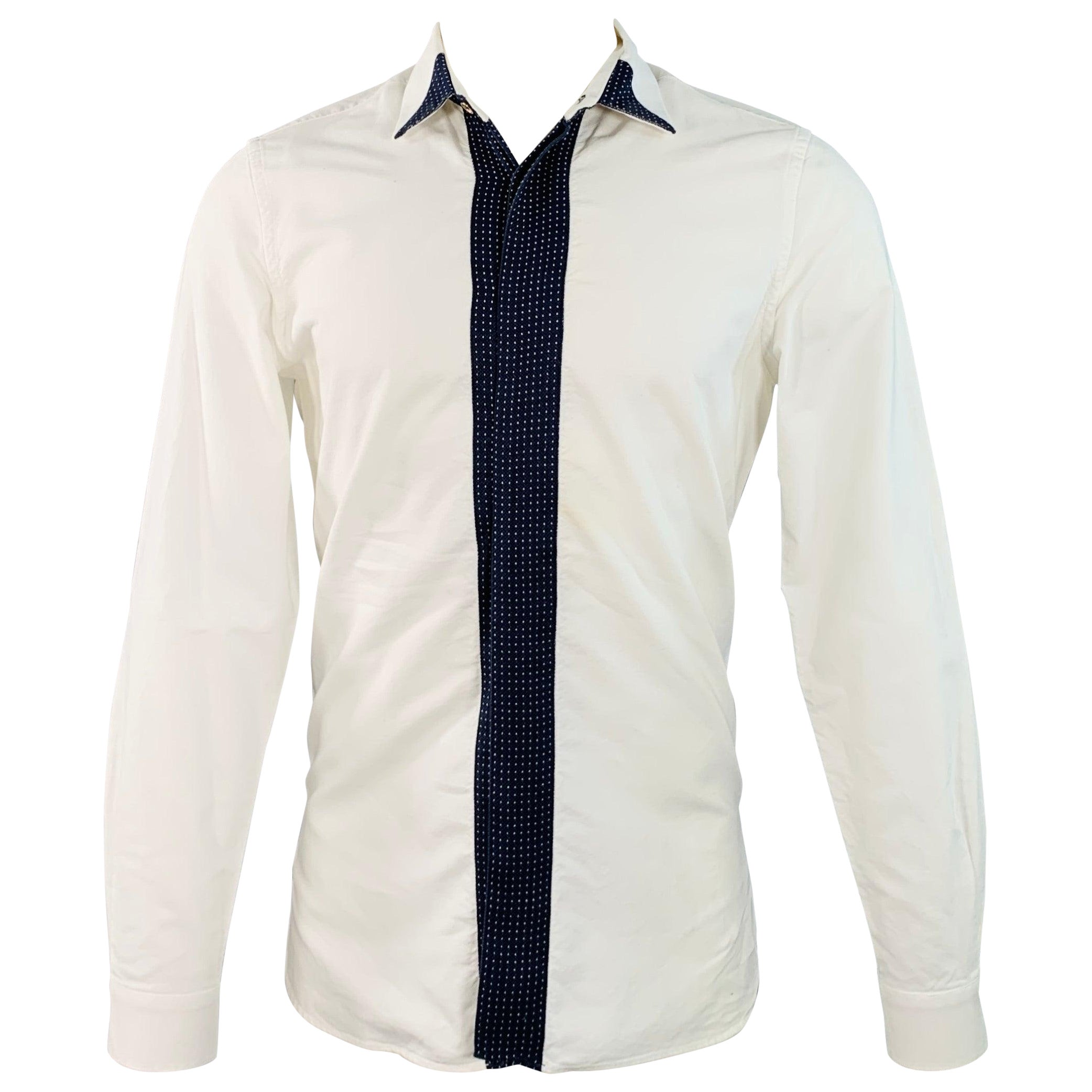 PAUL SMITH Size M White Navy Cotton Contrast Trim Long Sleeve Shirt