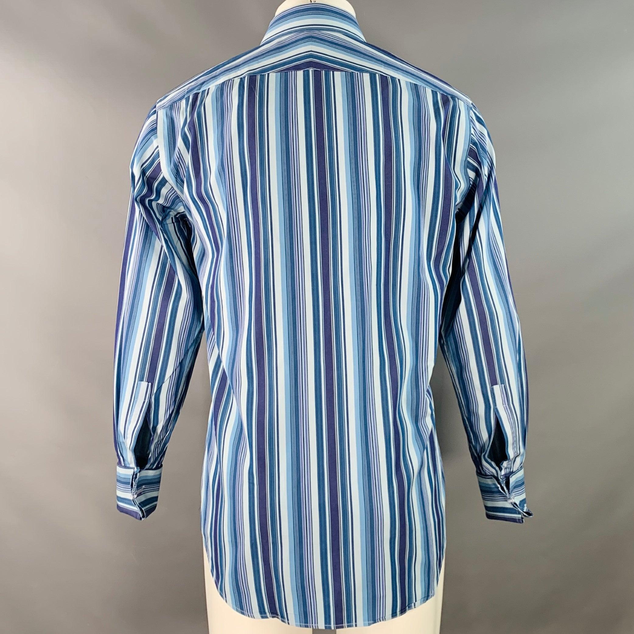 PAUL SMITH Taille S Chemise à manches longues en coton à rayures bleu marine à poignets français Excellent état - En vente à San Francisco, CA