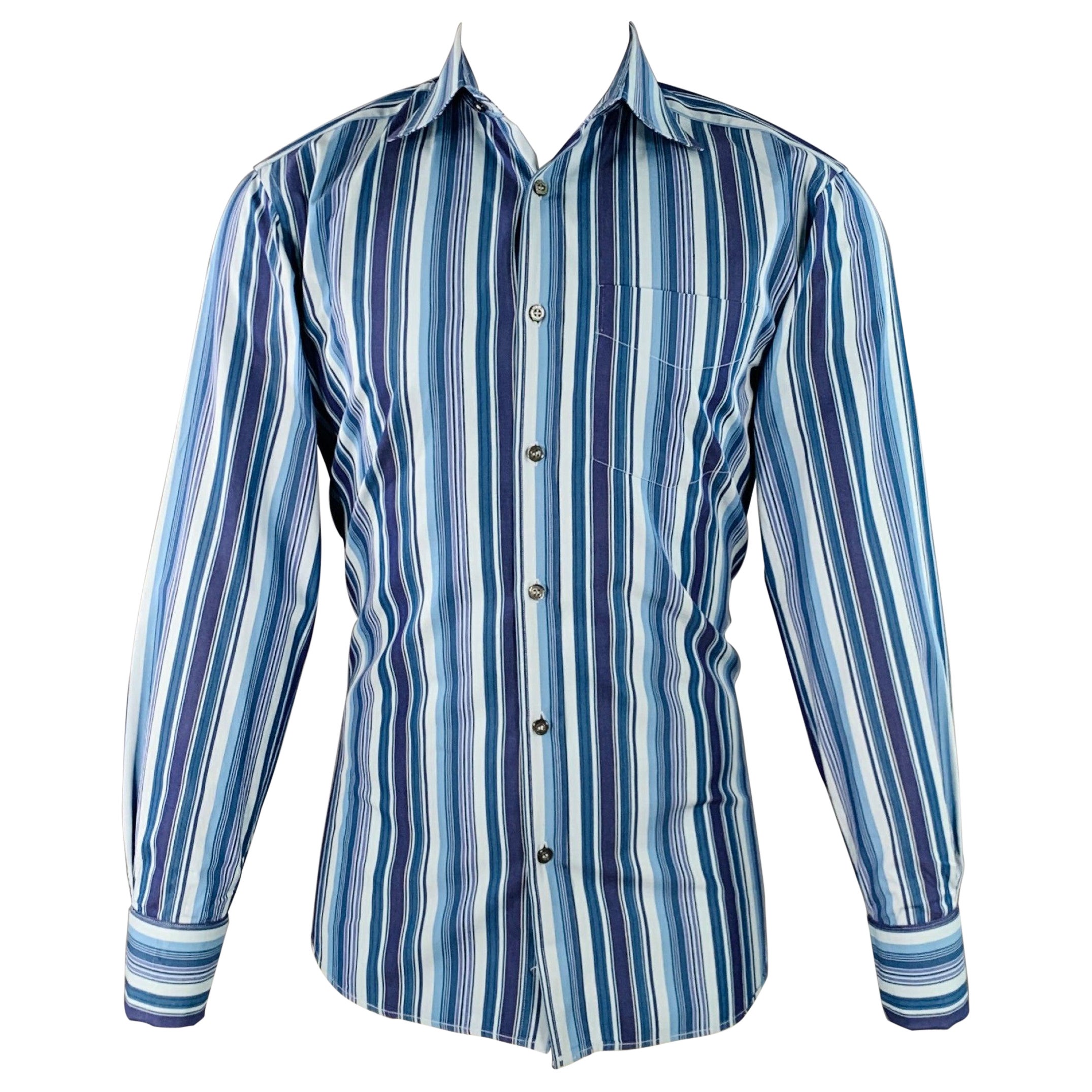 PAUL SMITH Taille S Chemise à manches longues en coton à rayures bleu marine à poignets français