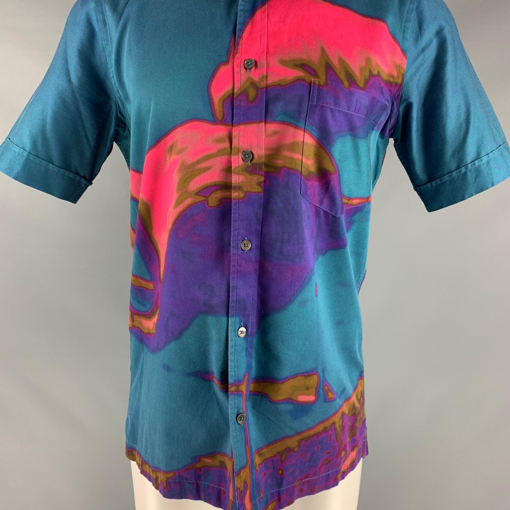 Men's PAUL SMITH Size S Blue Pink Watercolor Cotton One Pocket Short Sleeve Shirt For Sale