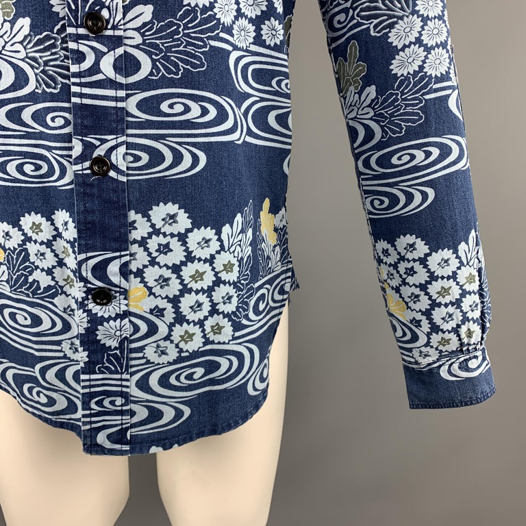 PAUL SMITH Size S Floral Print Indigo Cotton Button Up Long Sleeve ...