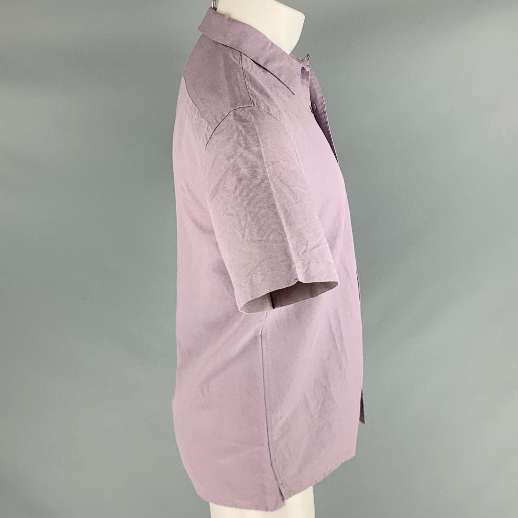 PS by PAUL SMITH short sleeve shirt
in a
purple linen cotton blend fabric featuring a camp style, casual fit, and button closure.New with Tags. 

Marked:   S 

Measurements: 
 
Shoulder: 16.5 inches Chest: 39 inches Sleeve: 9 inches Length: 29