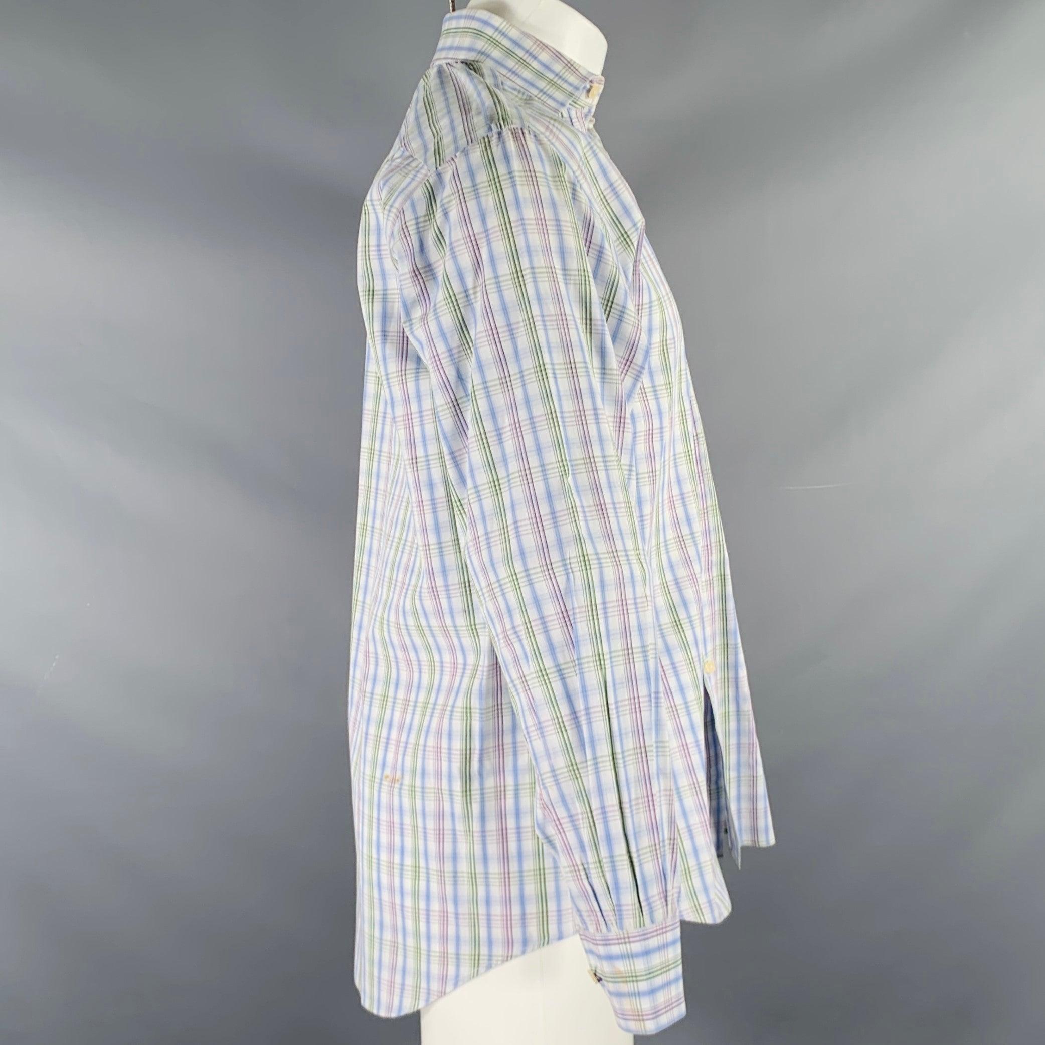 PAUL SMITH long sleeve shirt
in a white cotton woven fabric featuring a blue and green plaid pattern, spread collar, and button closure. Made in Italy.Good Pre-Owned Condition. Moderate marks. 

Marked:   15.5/39 

Measurements: 
 
Shoulder: 17.5