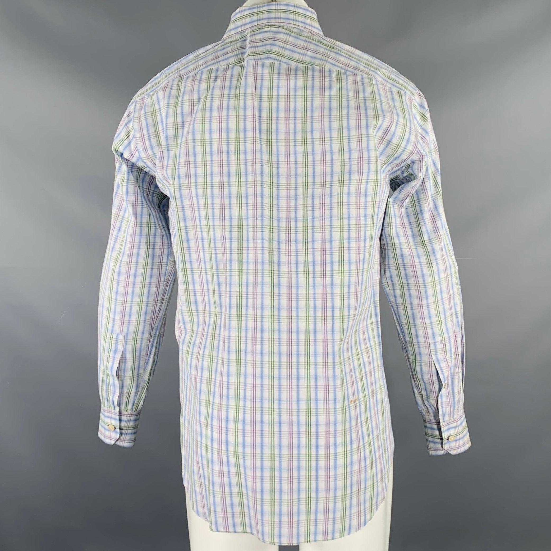Gray PAUL SMITH Size S White Blue Green Plaid Cotton Button Up Long Sleeve Shirt For Sale