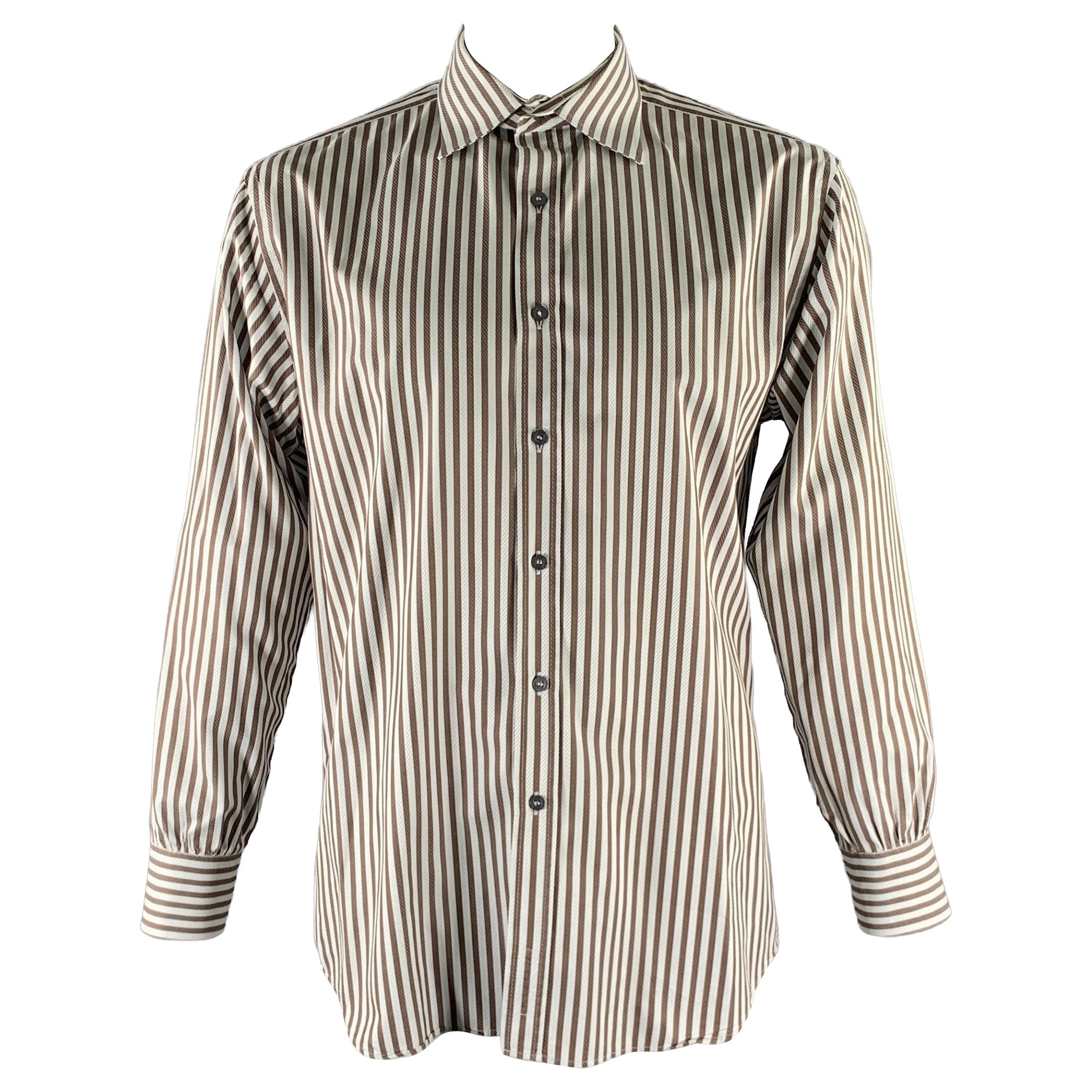 PAUL SMITH Size XL White Brown Striped Cotton Long Sleeve Shirt