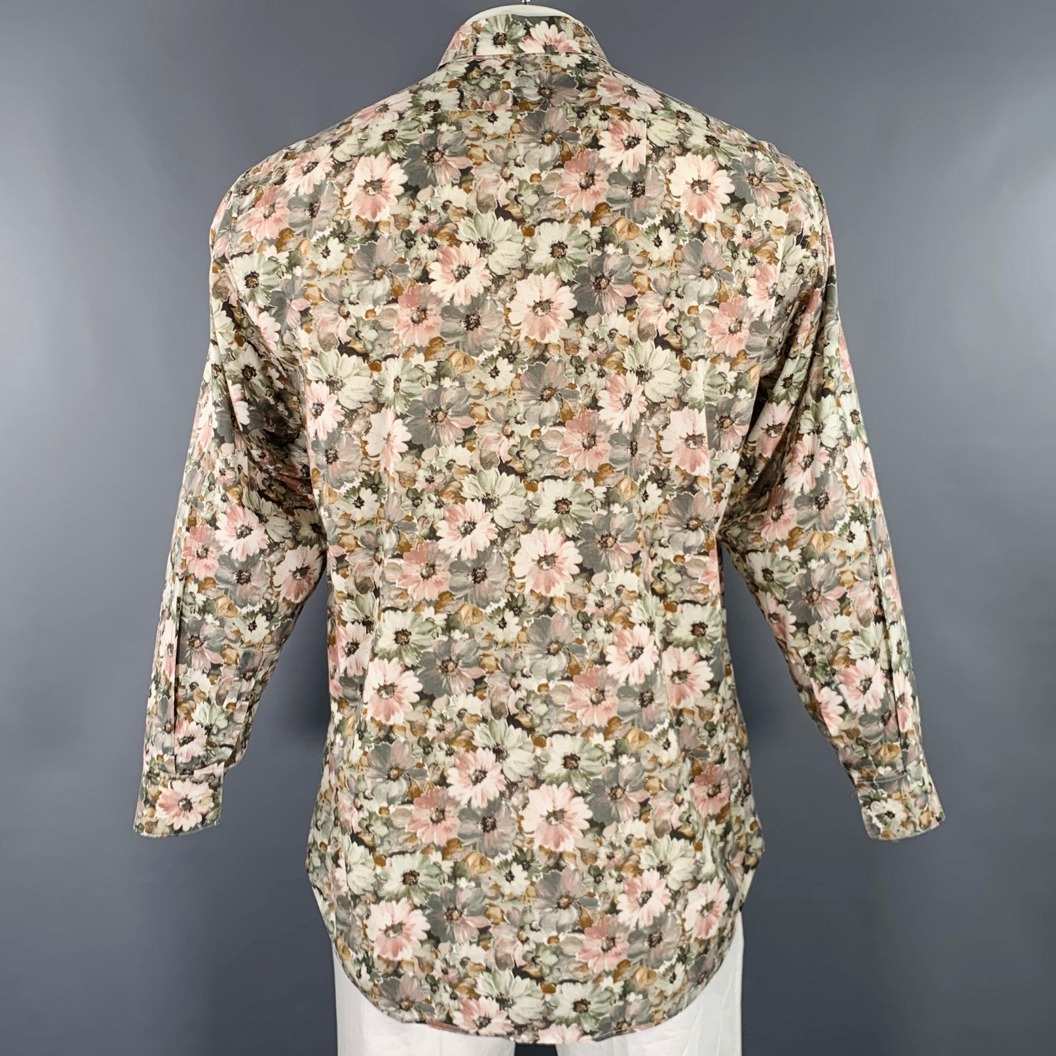 PAUL SMITH Size XXL Cream Olive Floral Cotton One Pocket Long Sleeve Shirt In Excellent Condition In San Francisco, CA