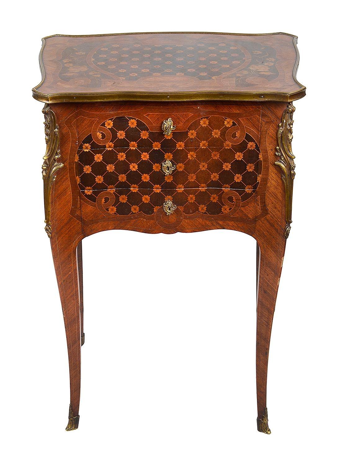 Fine quality late 19th Century French marquetry inlaid side table, having three serpentine fronted drawers, raised on elegant cabriole legs, ormolu mounted. Signed to the lock; Somani.
Batch 77 62612 DNSKZ

Signed; Paul Sormani (1817-1877), one the