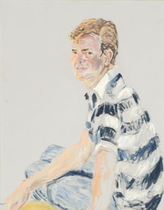 Portrait of a Young Man in Striped Shirt, Original Oil Painting, Signed 1964