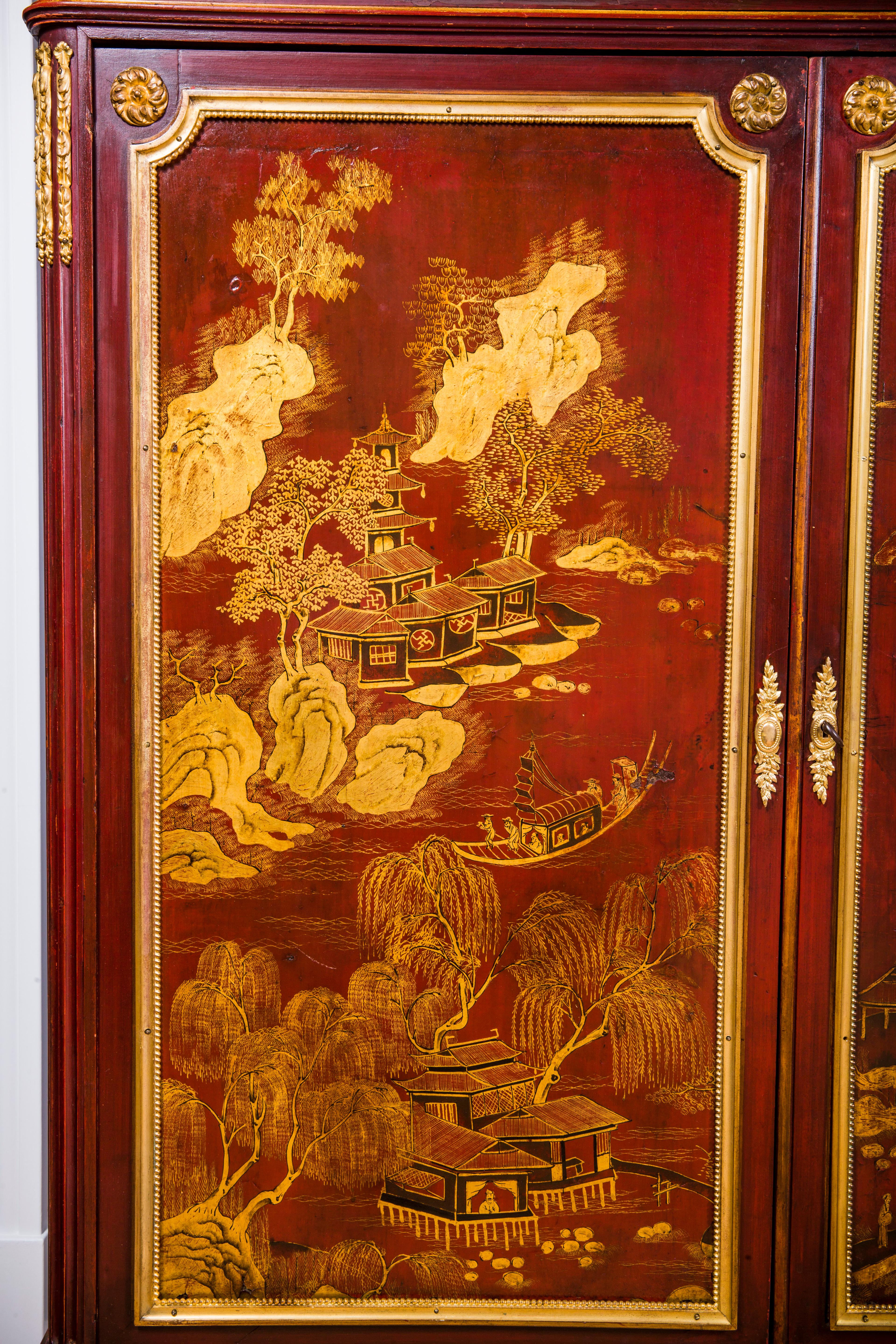 Chinoiserie wood cabinet with ormolu mounts and a fitted marble top
by Paul Sormani (French, 1817-1877)
rectangular two-door cabinet, gilded and lacquer painted panels
Measures: H 54 in., W 43 in., D 16 in.

 