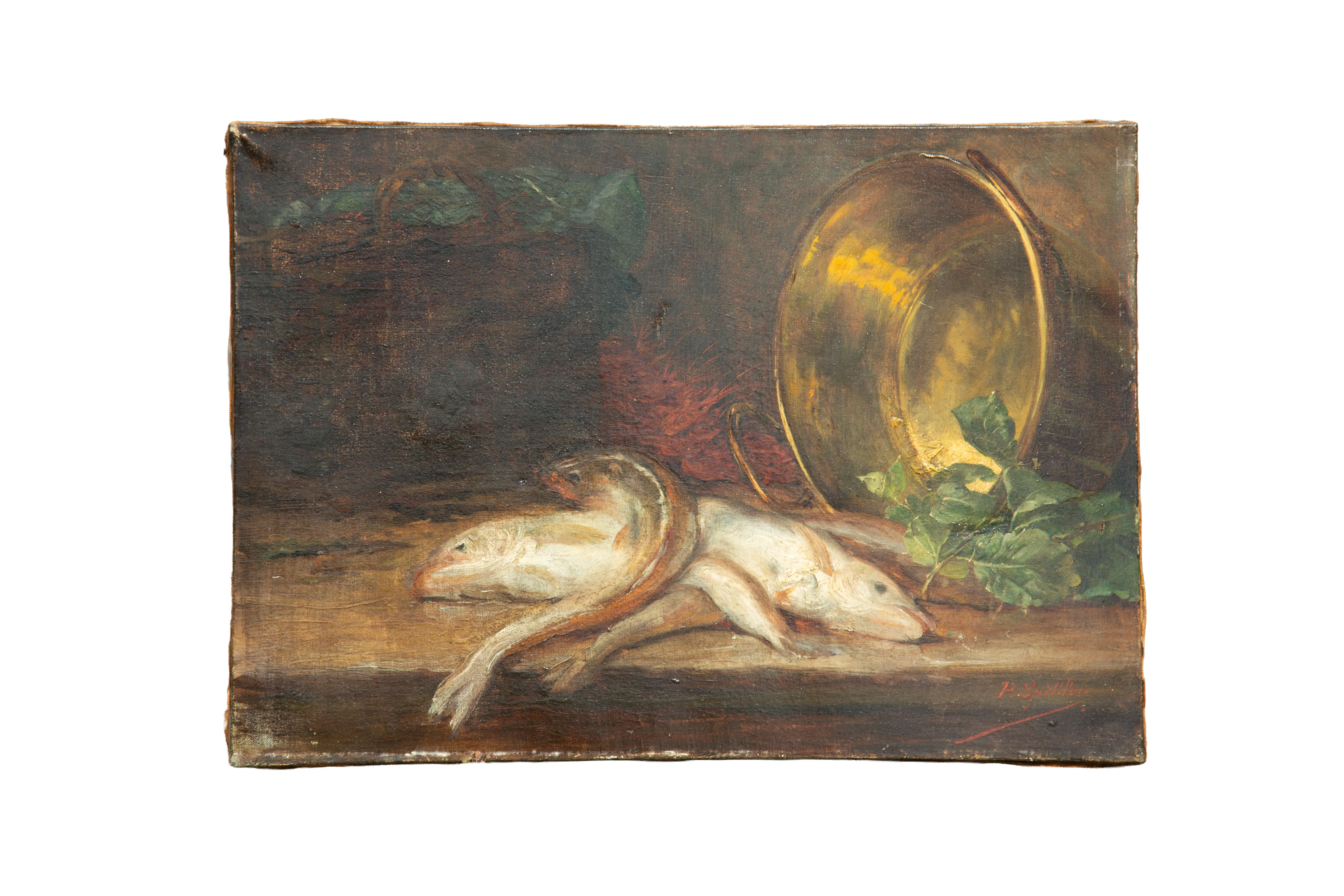 Paul Spihler (1850-1918), Stilleben mit Kupfer und Fisch
Öl auf Leinwand, rechts unten signiert.

Dieses stimmungsvolle Stillleben des Schweizer Malers Paul Spihler (1850-1918) zeigt fangfrische Fische und einen Aal, die auf einer hölzernen Fläche