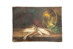 Paul Spihler, Still Life with Copper & Fish, Swiss Realist Oil on Canvas, 19th C