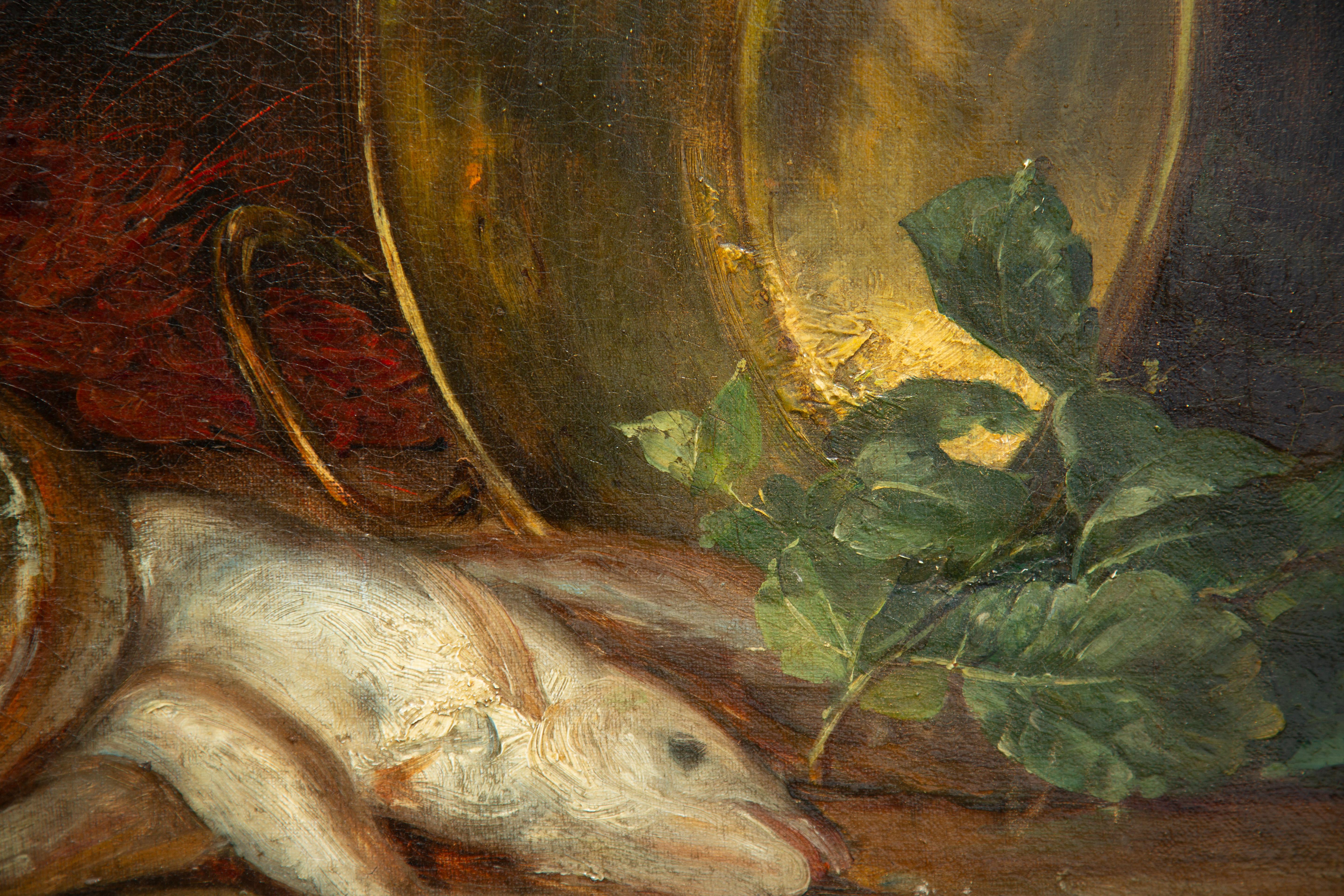 Paul Spihler, Stillleben mit Kupfer und Fischen, Schweizer Realist Öl auf Leinwand, 19. im Zustand „Gut“ im Angebot in New York, NY