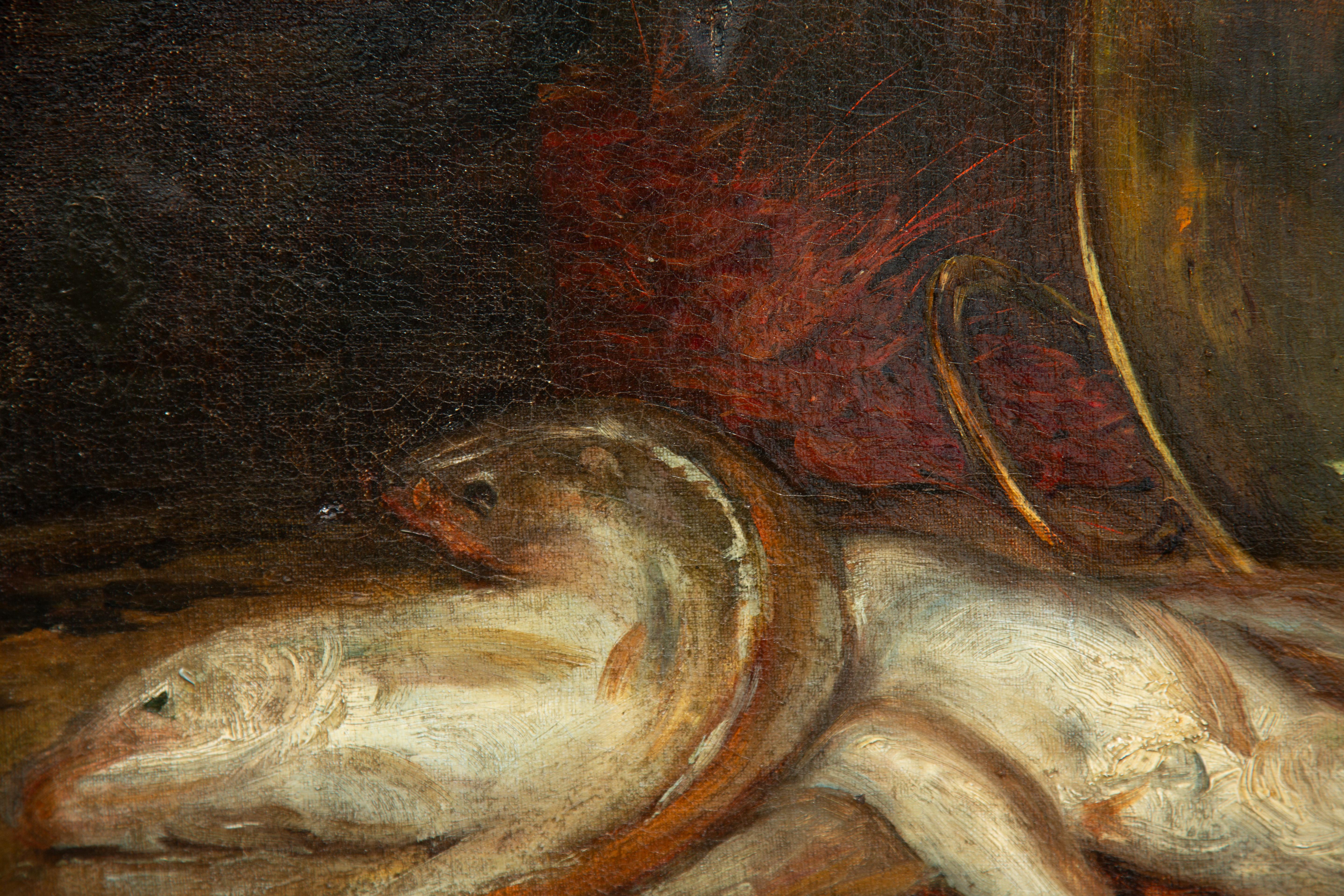 Paul Spihler, Stillleben mit Kupfer und Fischen, Schweizer Realist Öl auf Leinwand, 19. (19. Jahrhundert) im Angebot