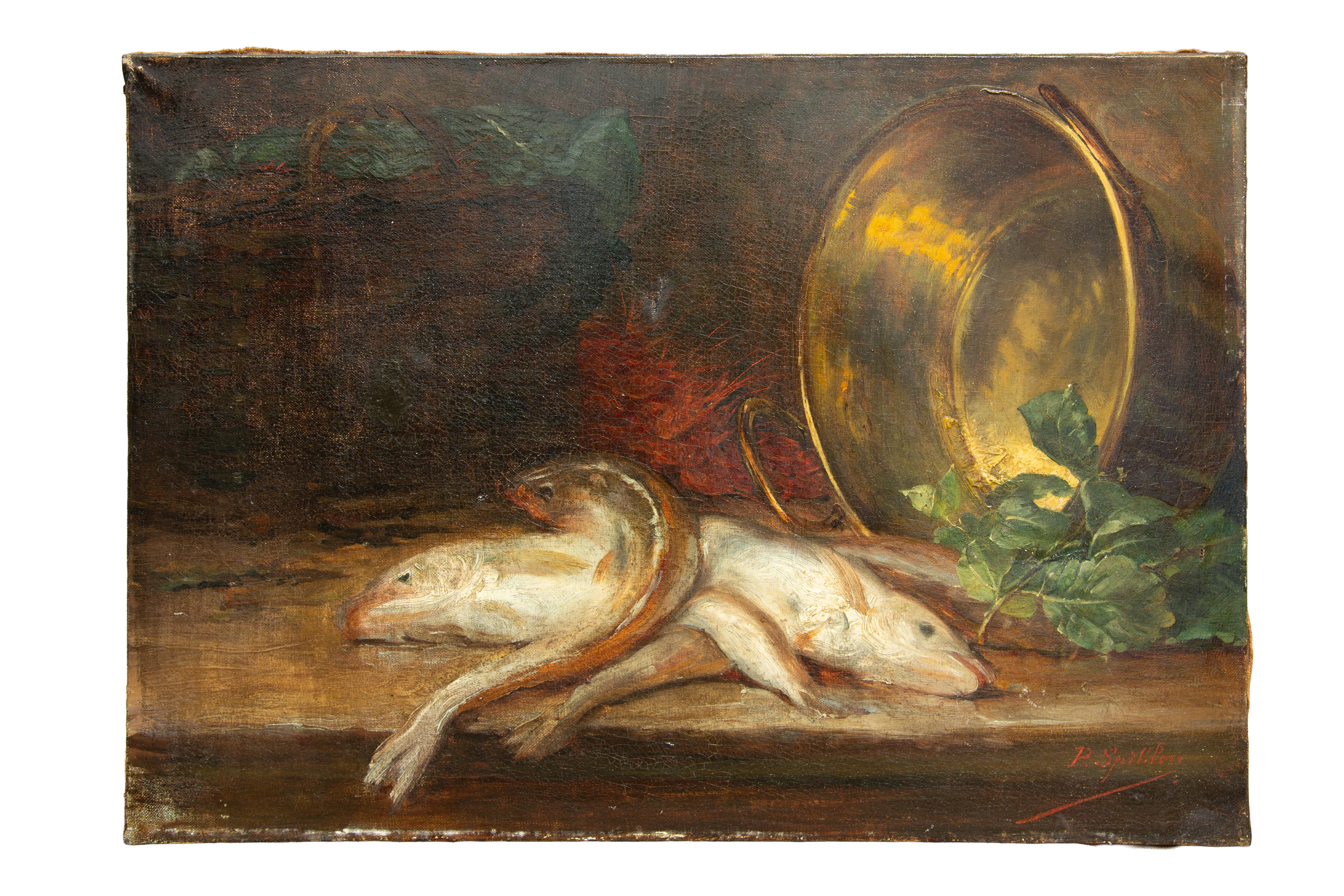 Paul Spihler, Stillleben mit Kupfer und Fischen, Schweizer Realist Öl auf Leinwand, 19. im Angebot 2