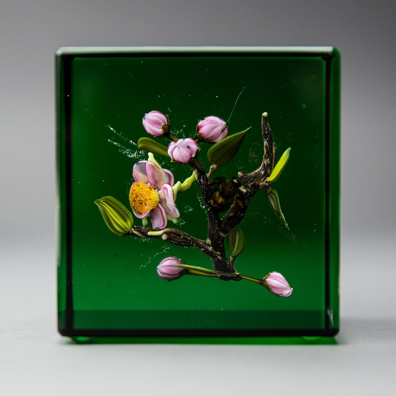Paul Stankard Glass Paperweight Fine Art Green Apple Blossom w/honey Bee —Signed For Sale 1