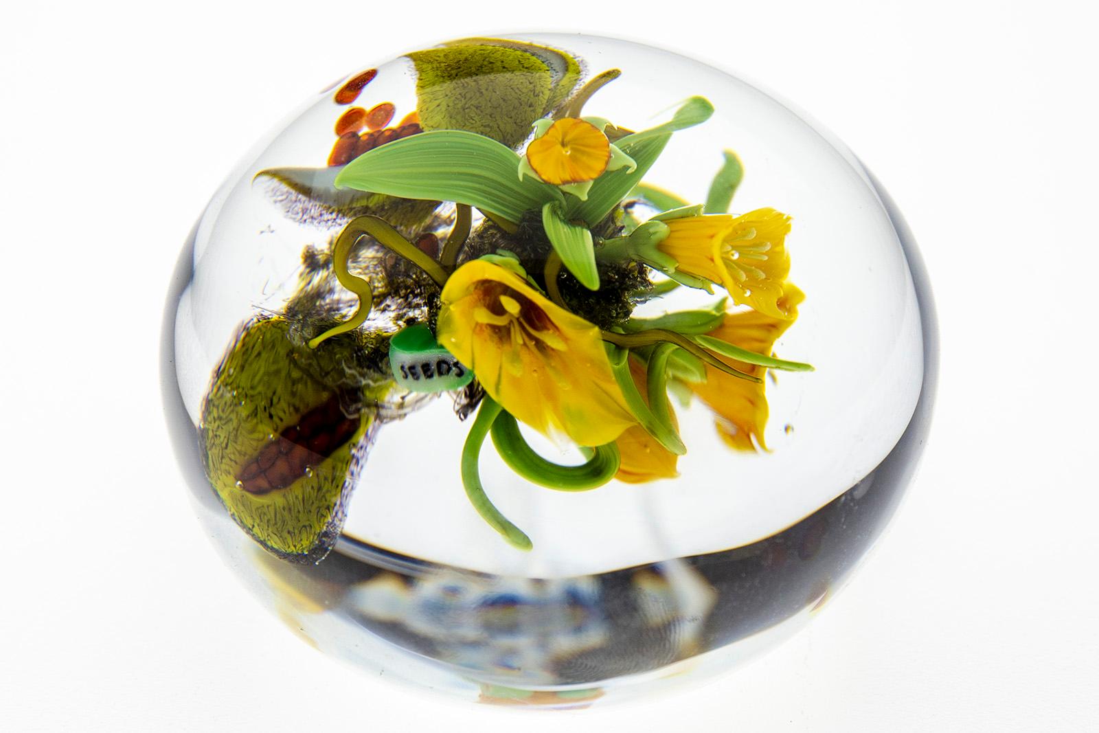 Paul Stankard Paperweight Seeds, yellow Lillys w/Wildflowers & Bursting seed pod For Sale 7
