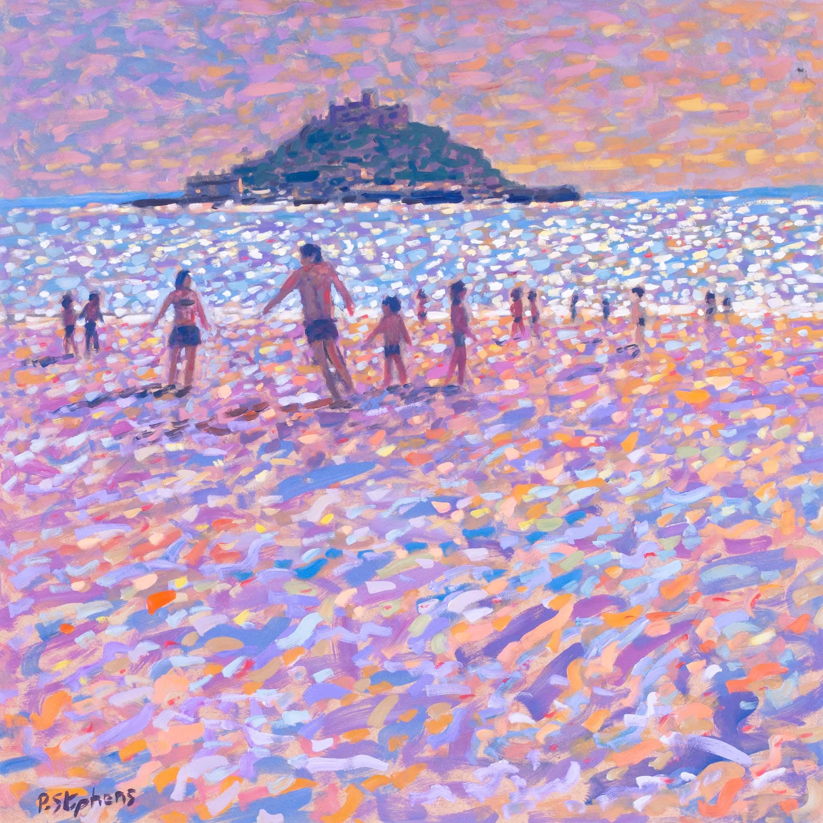 Scena di spiaggia britannica del 20° secolo di St. Michael's Mount, Cornovaglia, di Paul Stephens 1