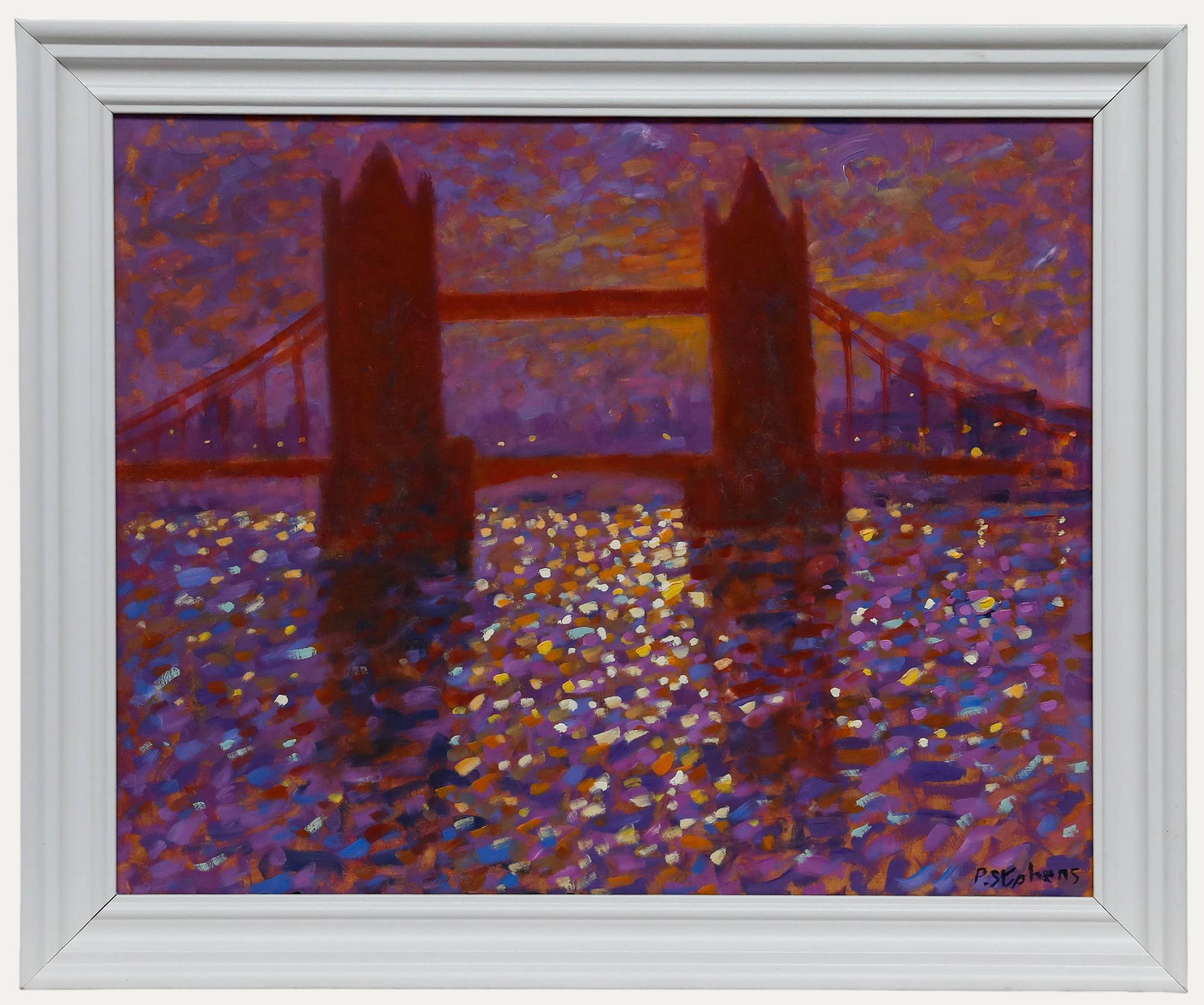 Eine bezaubernde Darstellung der Tower Bridge in London, die in einem pointillistischen Stil in einer leuchtenden Farbpalette festgehalten wurde. Unterschrieben. Präsentiert in einem weiß lackierten Holzrahmen. An Bord. 