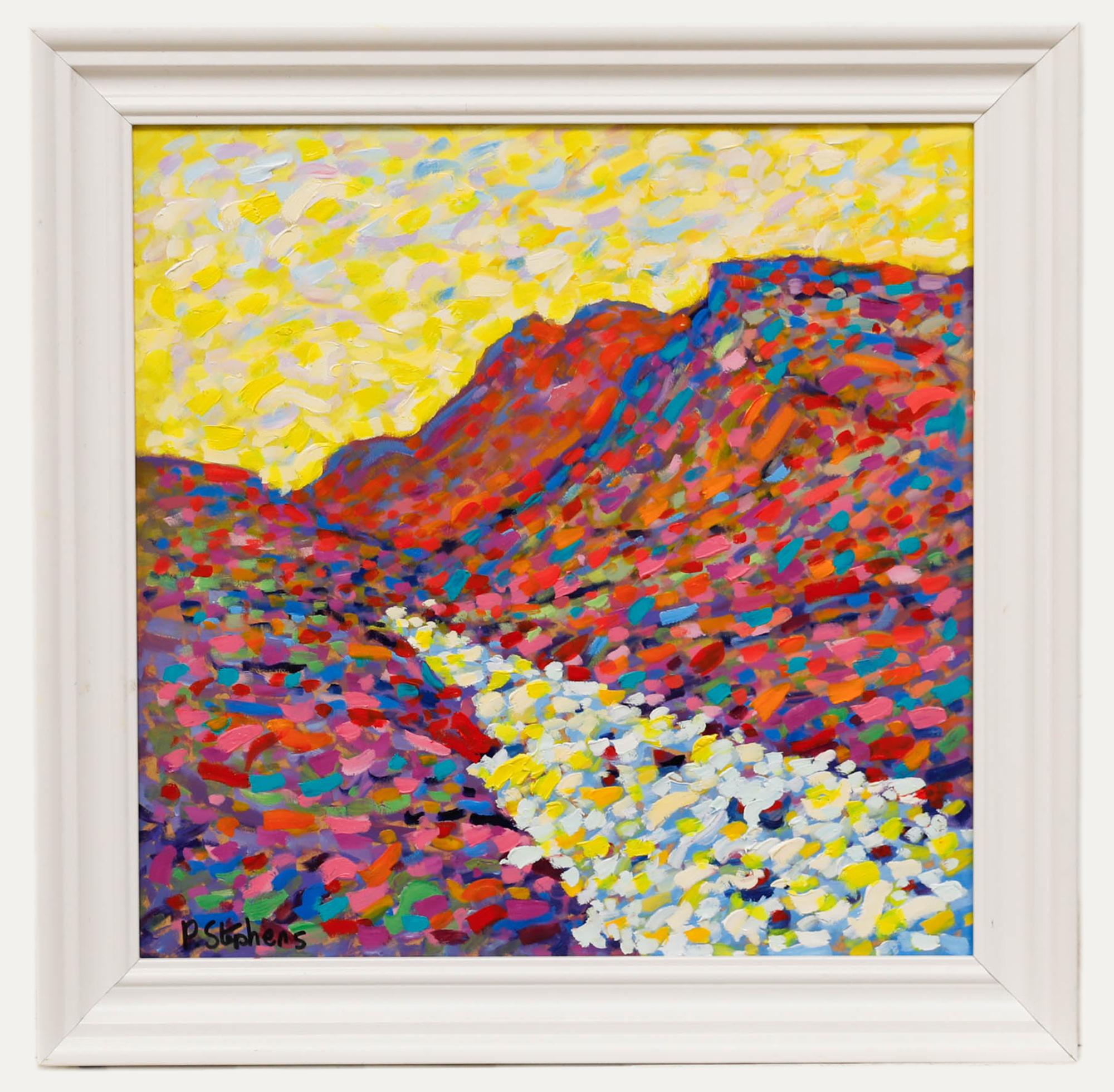 Pointillistische Szene in Öl. Präsentiert in einem weißen, geformten Rahmen. Signiert unten links. Verso mit dem Titel und den Ausstellungsangaben beschriftet. An Bord.