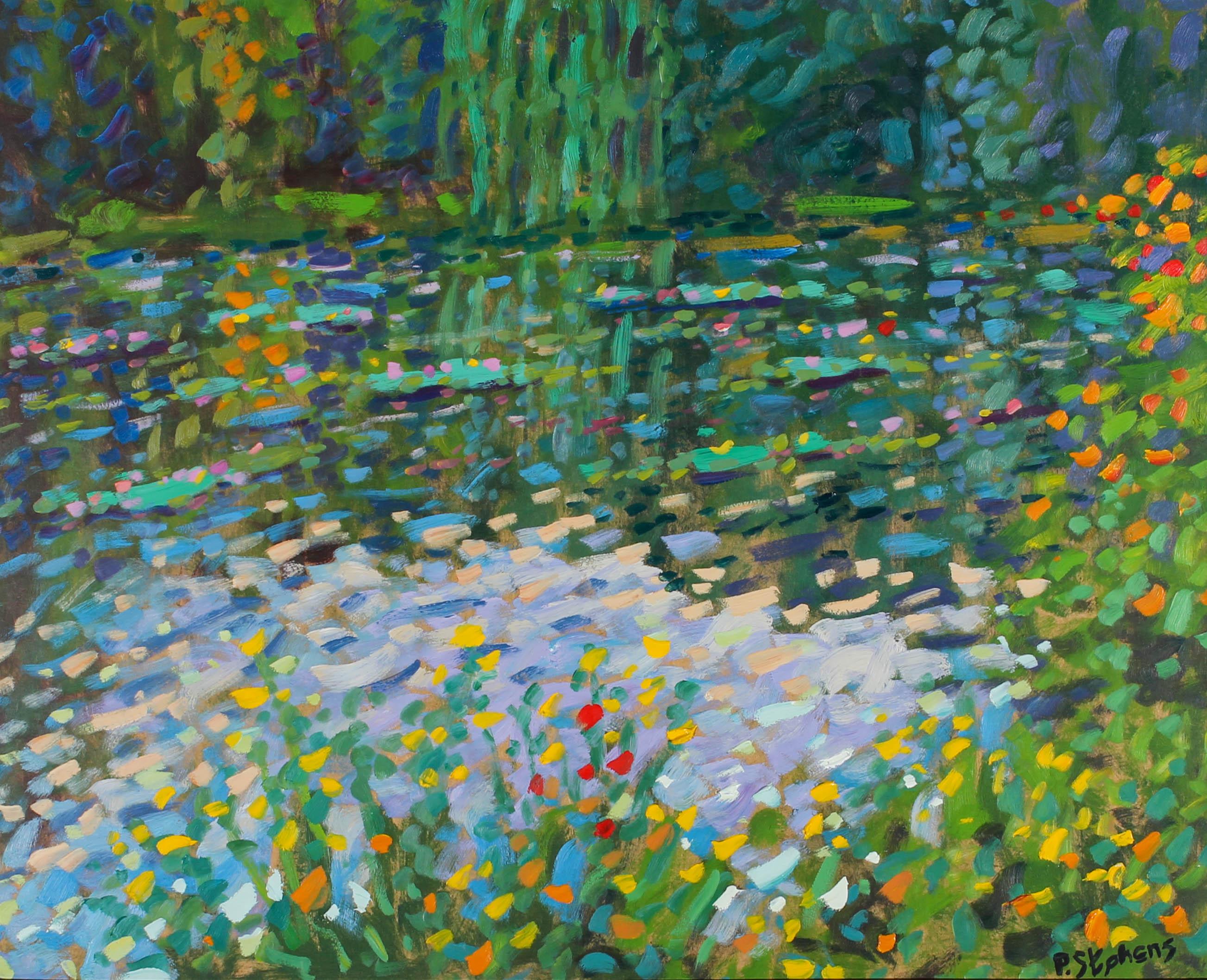 Paul Stephens (nato nel 1957) - Olio contemporaneo incorniciato, Giardino di Monet, Ninfee 1