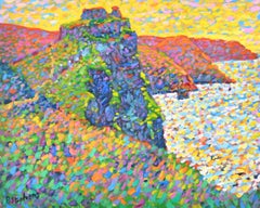 Pointillistisches Ölgemälde Küstenszene, Devoner Küstenlinie, Großbritannien, signiert und gerahmt