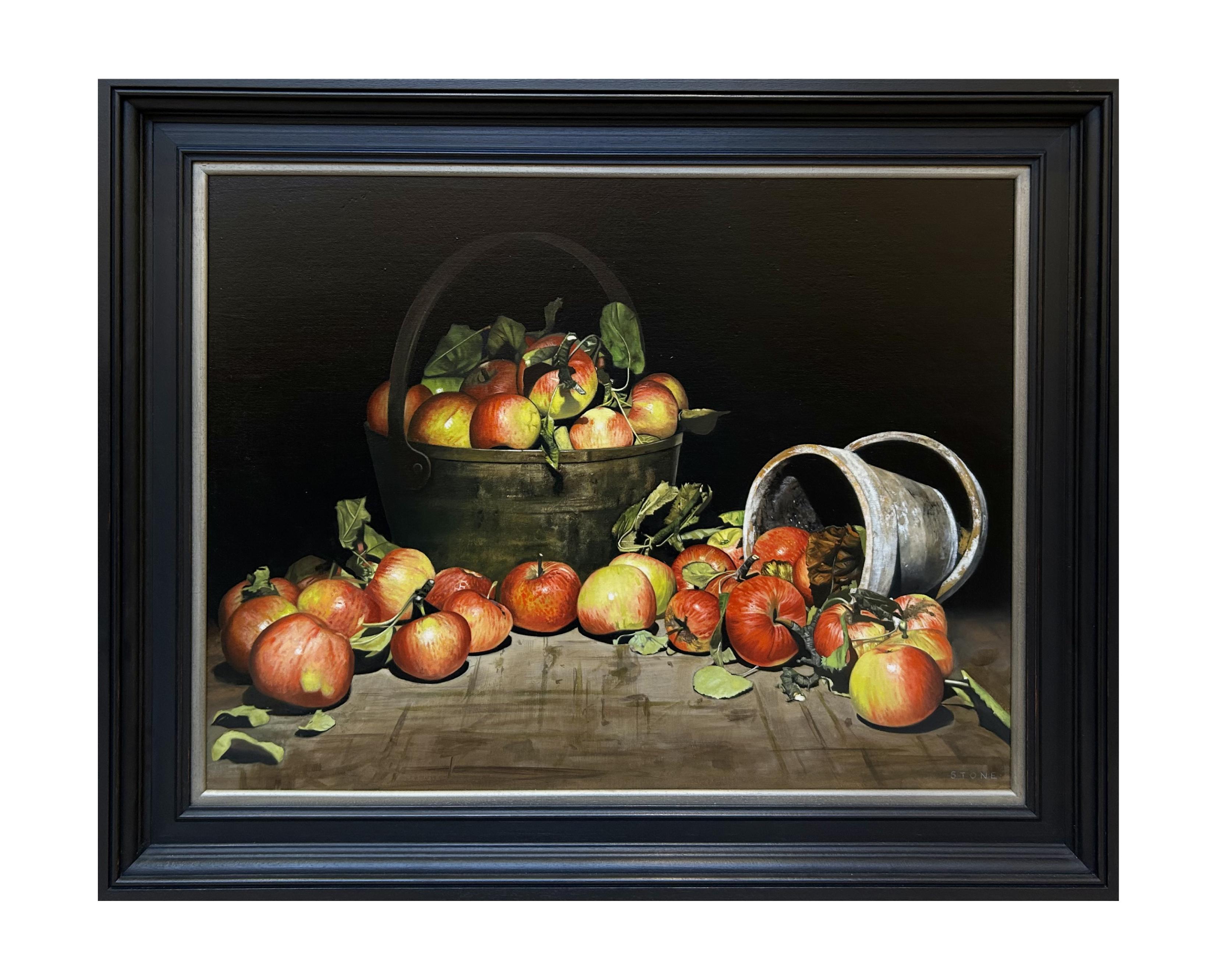 The Forager – Contemporary Still Life Painting of Apples - Still-Life Painting Negro de Paul Stone