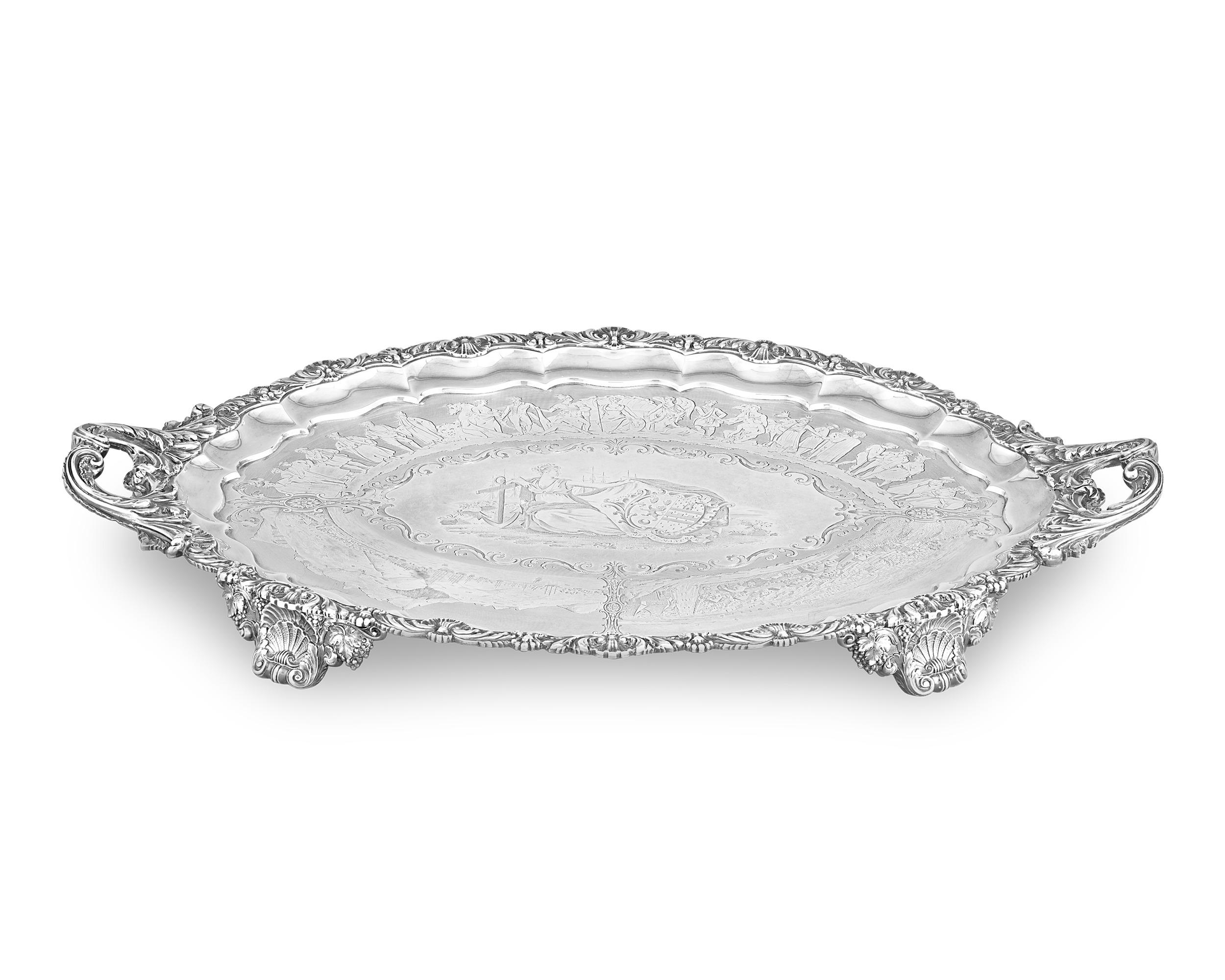 This highly important sterling silver tray by famed English silversmith Paul Storr was gifted by the isles of Mauritius to its famed abolitionist leader, Sir Robert Townsend Farquhar. Exceptional in its quality and beauty, the commemorative tray