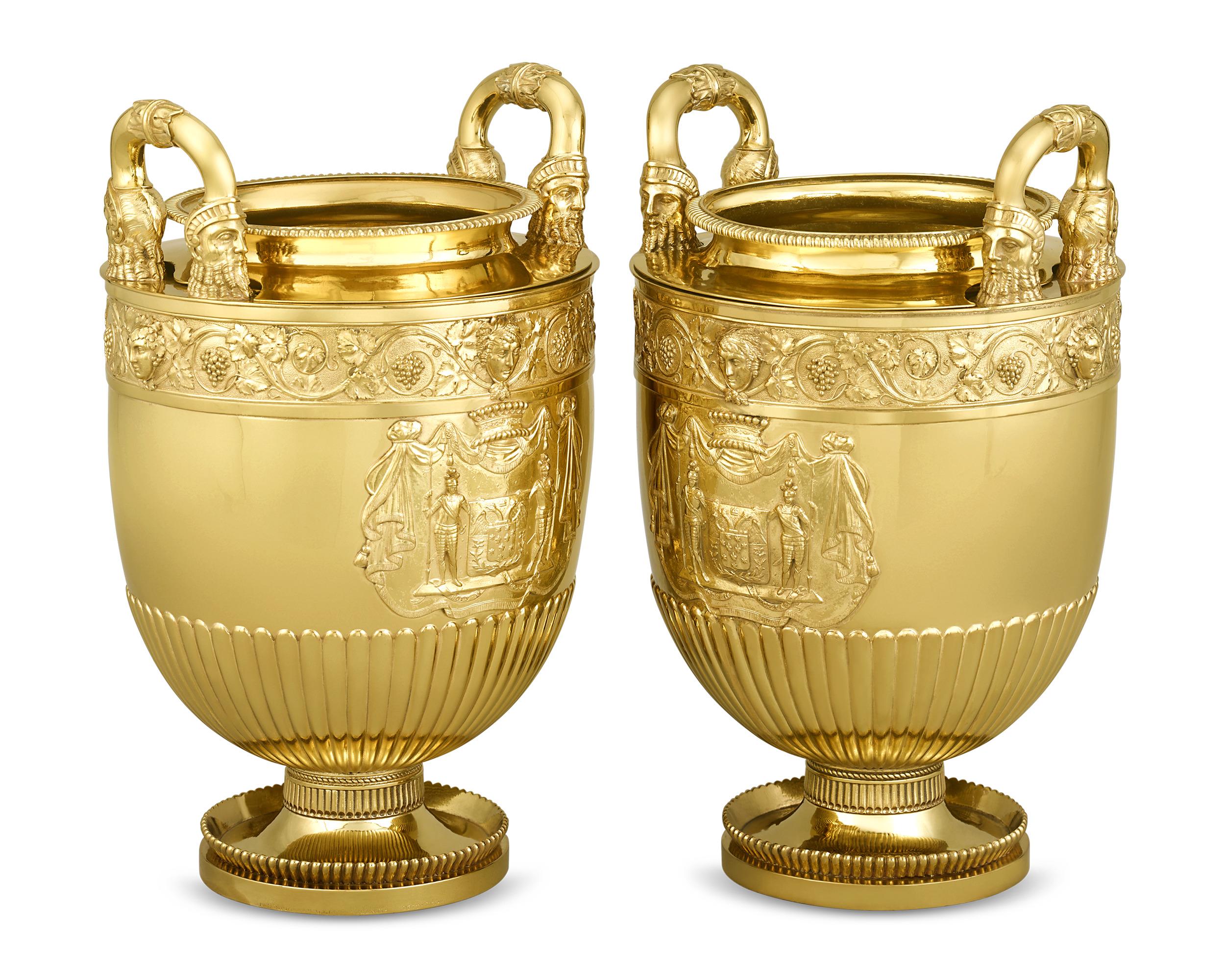 This matching pair of resplendent, silver-gilt wine coolers hail from the workshop of the famed silversmith Paul Storr. The set was created for Prince Christoph and Princess Dorothea of Lieven, a very important 19th-century Russian diplomatic