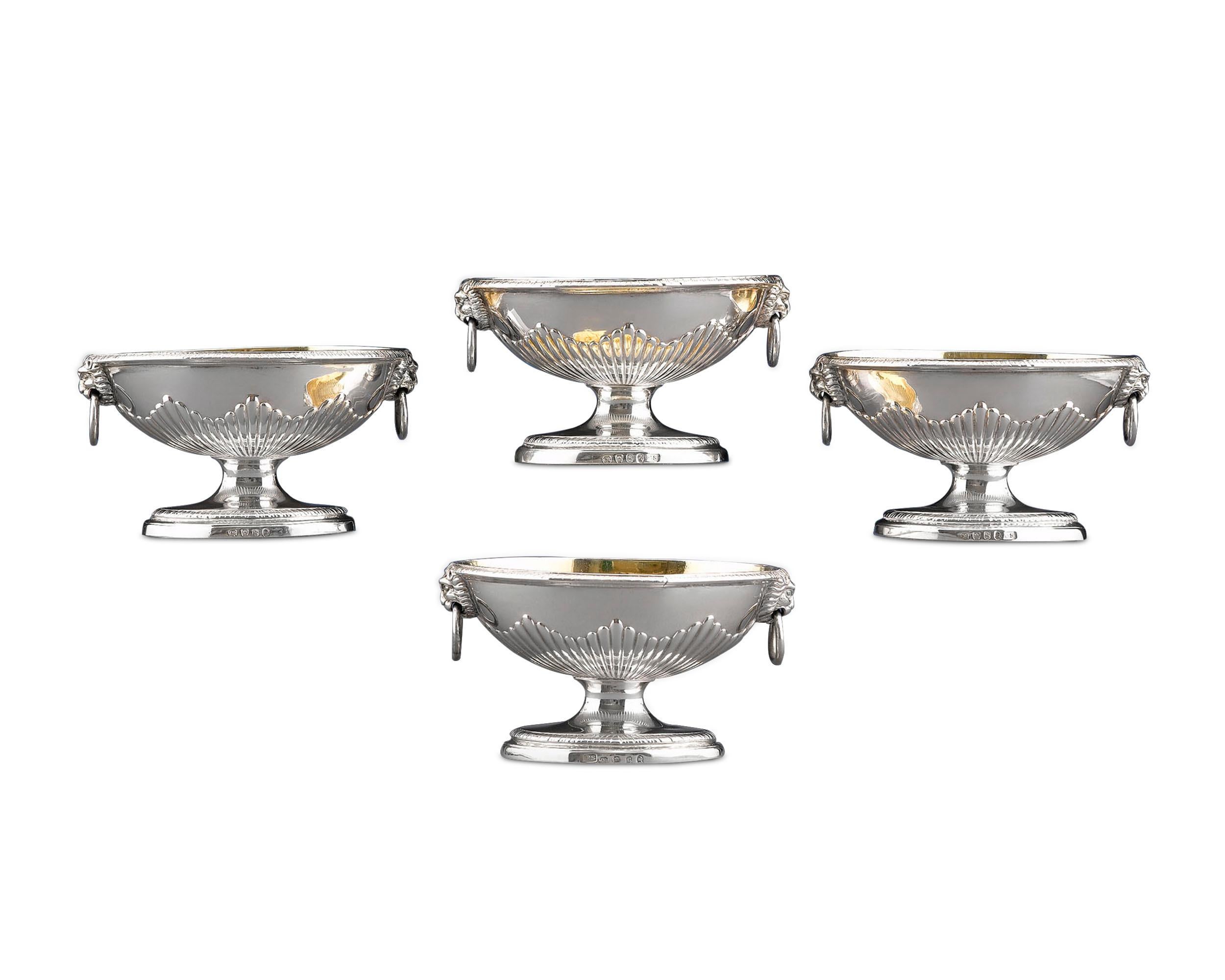 An important set of four sterling silver salts crafted by master silversmith Paul Storr, reflecting the level of craftsmanship, superior quality, and attention to detail Storr imparted to all of his works. Dramatic and classical in design, the