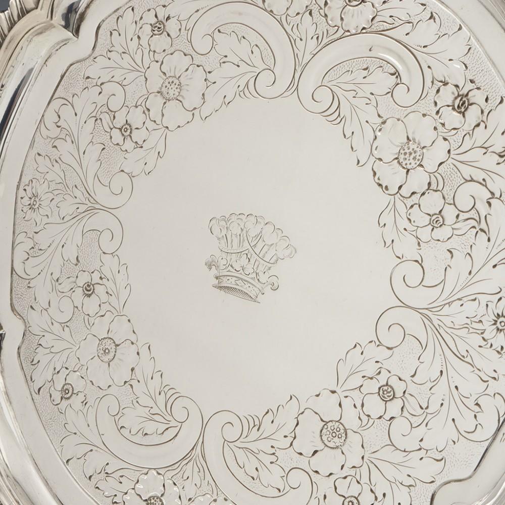 Heading : Paul Storr silver salver
Date : Hallmarked in London in 1825 for Paul Storr
Period : George IV
Origin : London, England
Decoration : Chased neoclassical design featuring wild rose and acanthus leaf, with tooled detailing and Earl's crown
