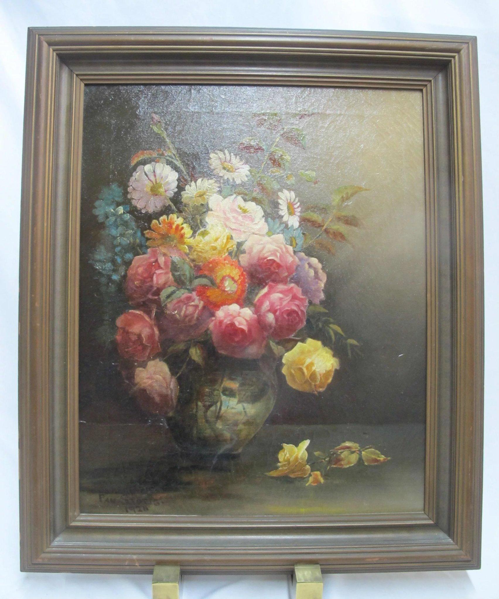 Paul M Stotts (Canada, 1872)

Original still life oil painting on canvas of flowers in a vase. Signed at lower left and dated 1928. Frame measures 28
