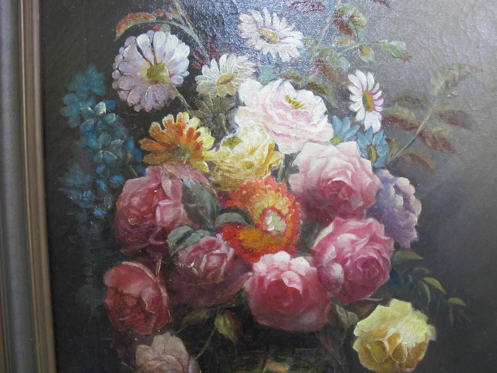 American Paul Stotts circa 1928 Framed Signed Oil Painting Still Life of Flowers in Vase For Sale