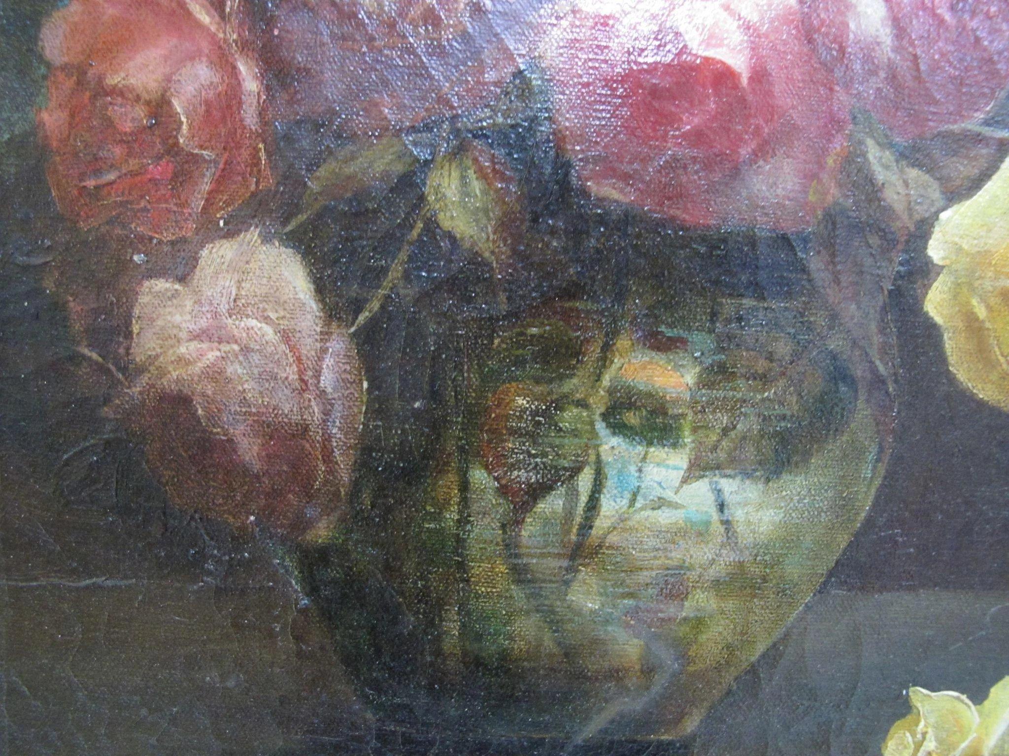Paul Stotts circa 1928 Framed Signed Oil Painting Still Life of Flowers in Vase For Sale 1