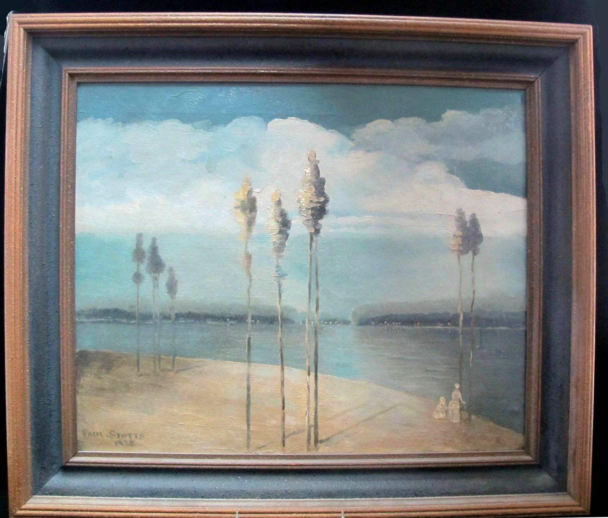 Paul M Stotts (Canada, 1872).

Original oil painting on canvas of coastal trees, circa 1928. A woman and child stand to peer into the water at the bottom right. Signed at lower left. Frame measures 28