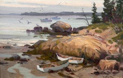 "Evening Calm" by Paul Strisik: Original Coastal Oil Painting Seascape w/ boats