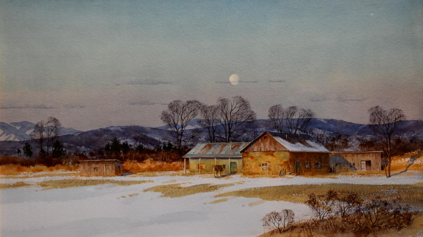 Paul Strisik Landscape Painting - "NOVEMBER MOONRISE" WATERCOLOR RANCH SCENE