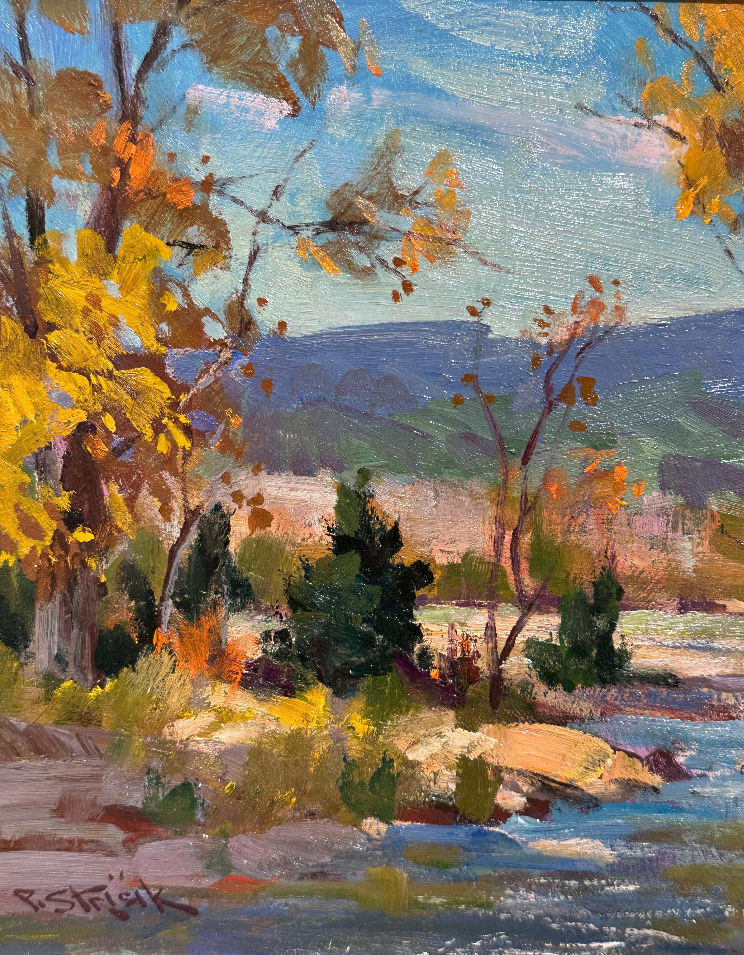 Paul Strisik Fall Landscape – Original Oil on Board, Stream and Foliage Scene im Angebot 2