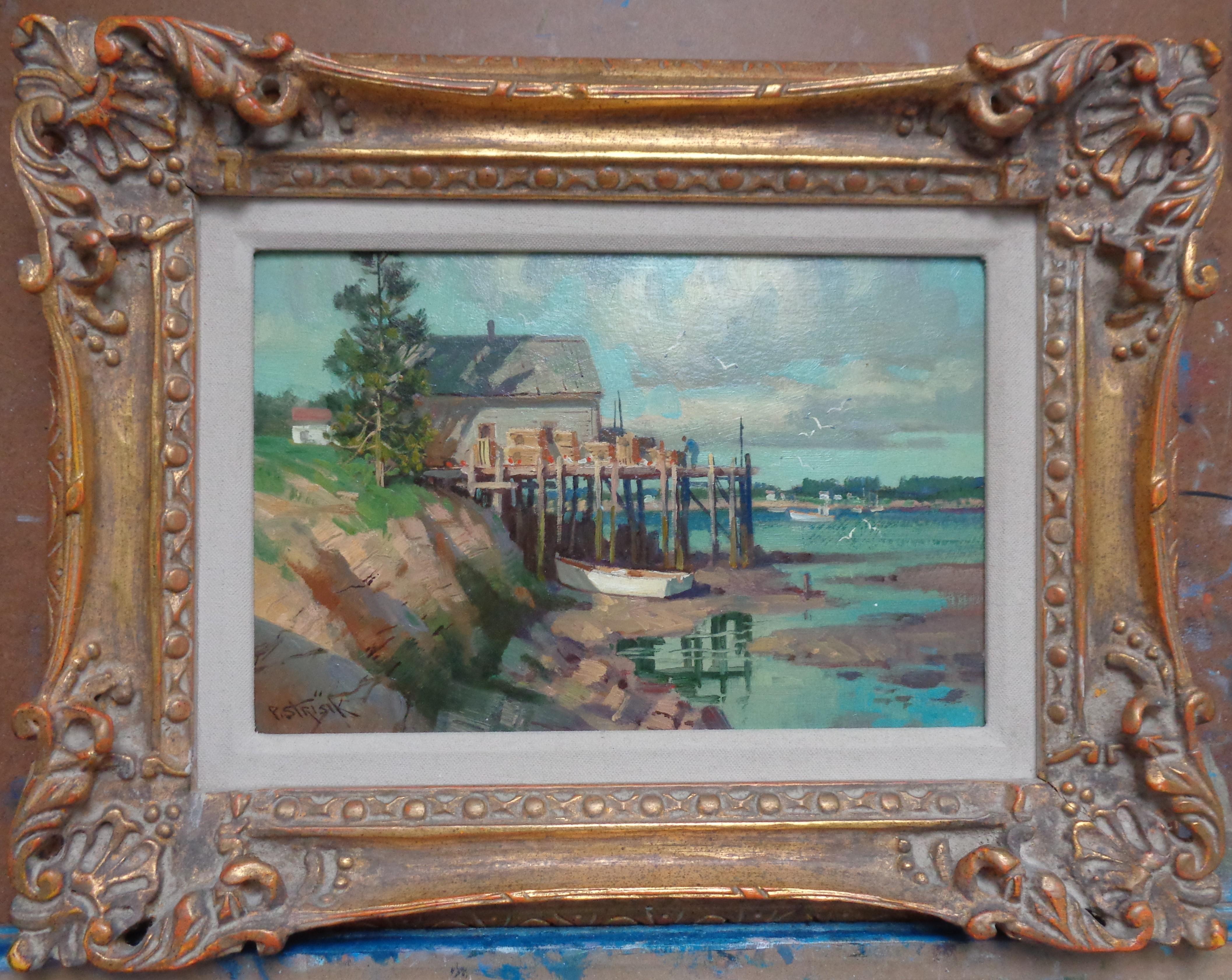 Morgan's Wharf Maine
8 x 12 oil/masonite panel
Paul Strisik (April 22, 1918 – July 22, 1998) was an American plein air painter.
The painting and frame are in excellent condition but could benefit from a light professional