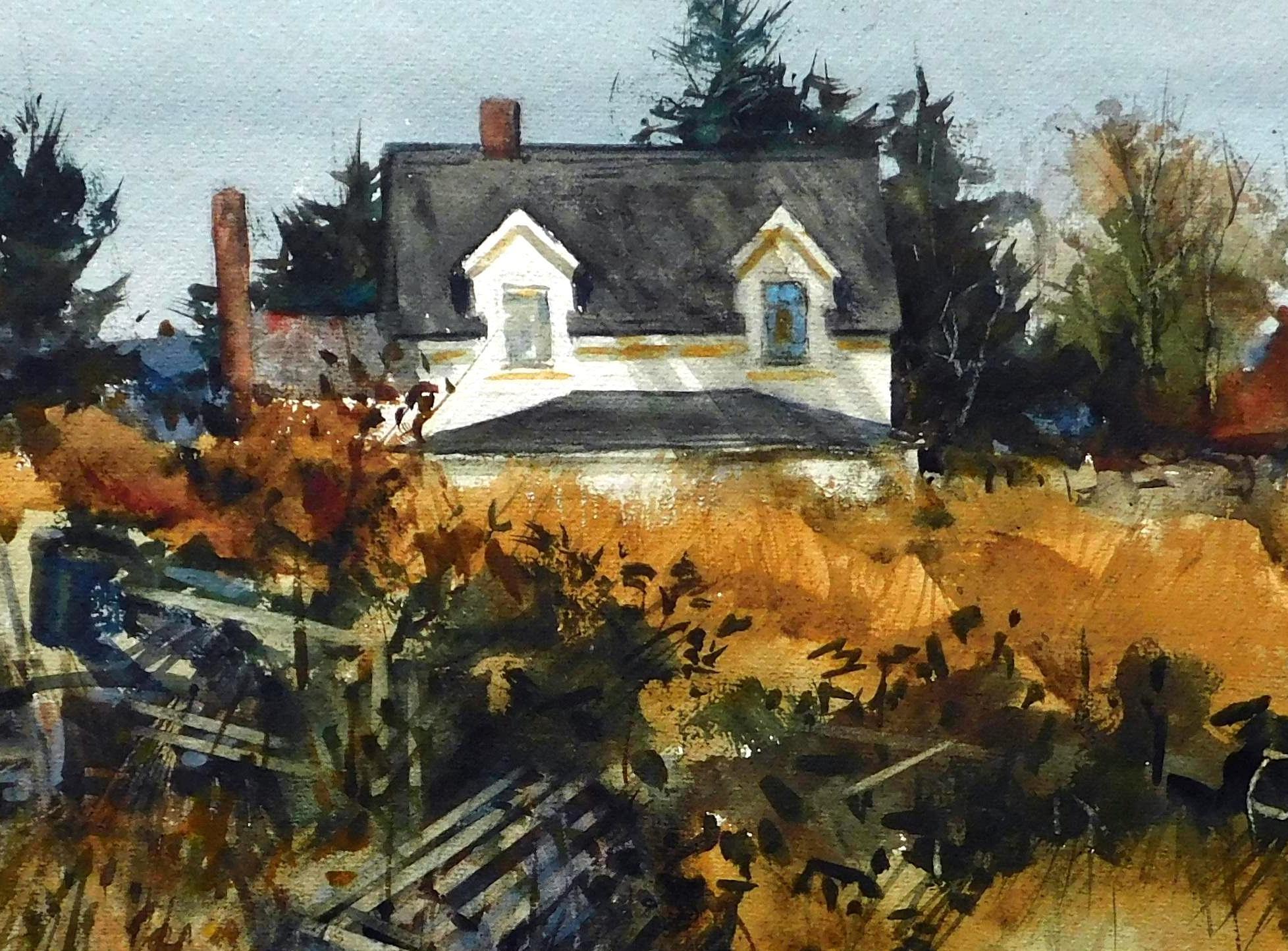 Original-Aquarell von Paul Strisik – Massachusetts Bauernhaus mit Hummerkäfigen im Angebot 1