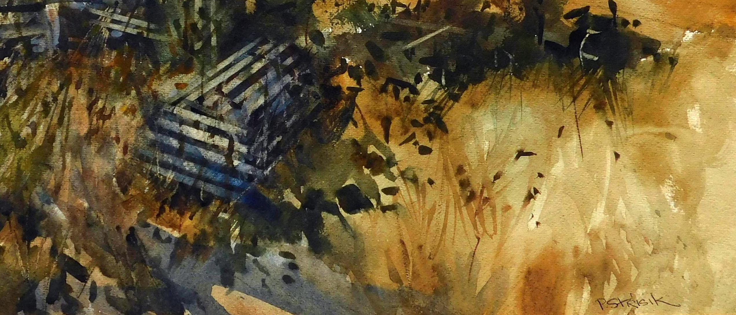 Original-Aquarell von Paul Strisik – Massachusetts Bauernhaus mit Hummerkäfigen im Angebot 2