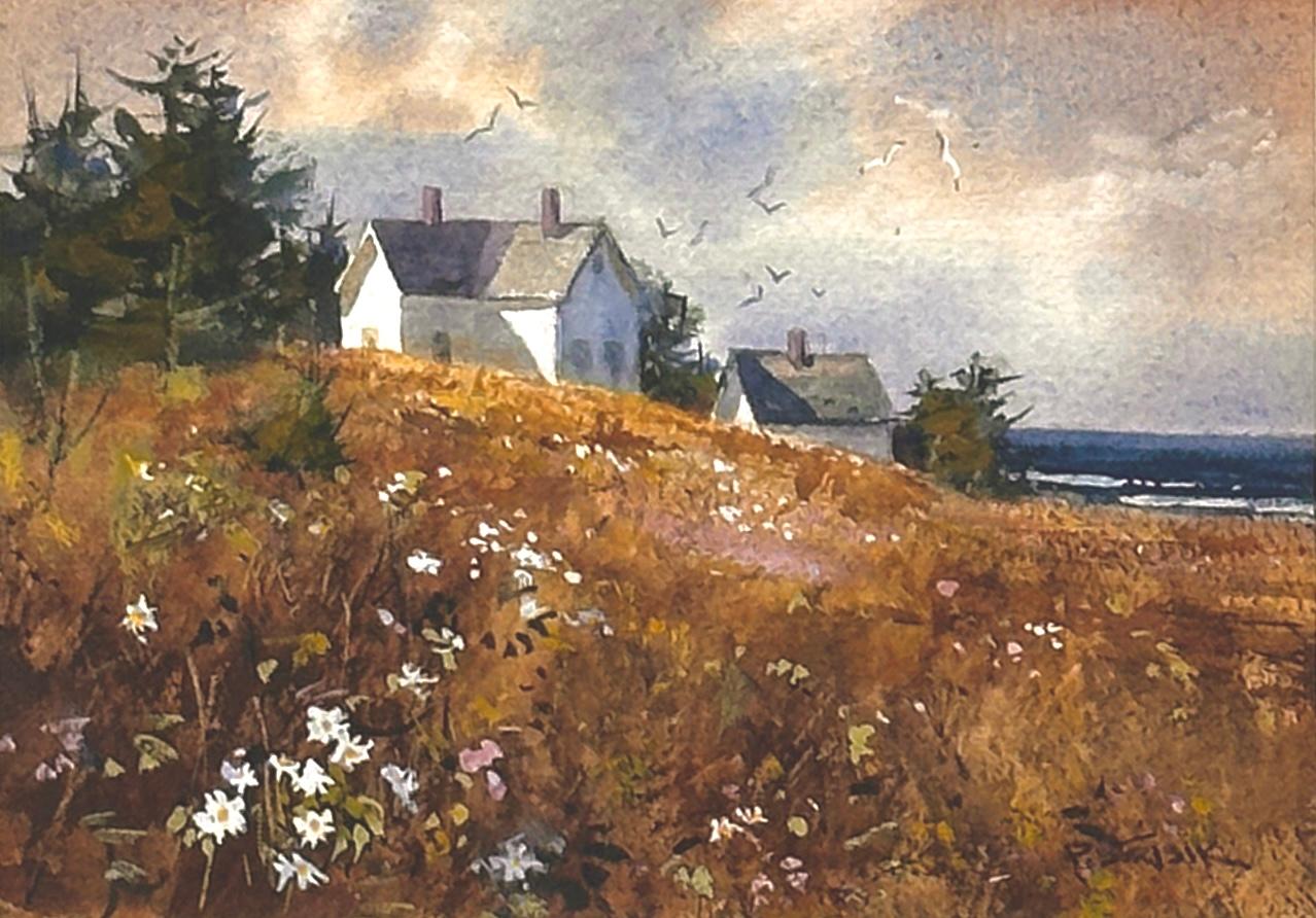 "Morgans Meadow" ist eine wunderschöne Mischung aus Aquarell und Gouache des berühmten amerikanischen Malers Paul Strisik (1918-1998), der für seine stimmungsvollen Darstellungen der Küste Neuenglands bekannt ist. Dieses intime Werk zeigt eine
