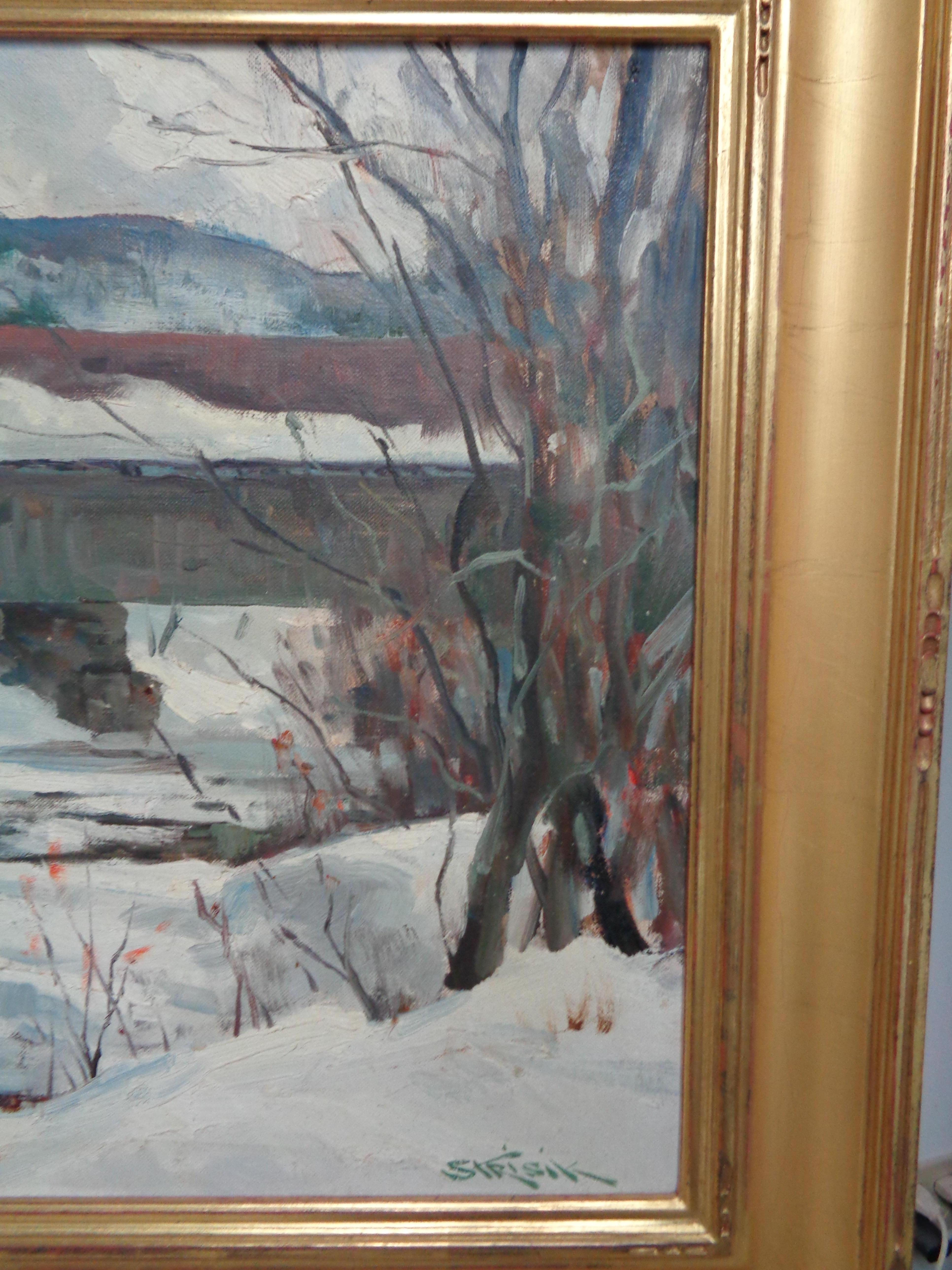 Rockport Artist Paul Strisik Winter Covered Bridge Oil Painting 1