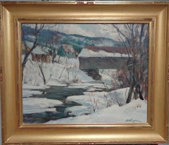 Antique Rockport Artist Paul Strisik Winter Covered Bridge Oil Painting