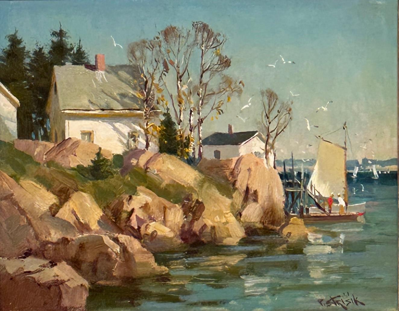 Landscape Painting Paul Strisik - Sunny Ledges, Voilier, Paysage, Peu de mer, Lumière