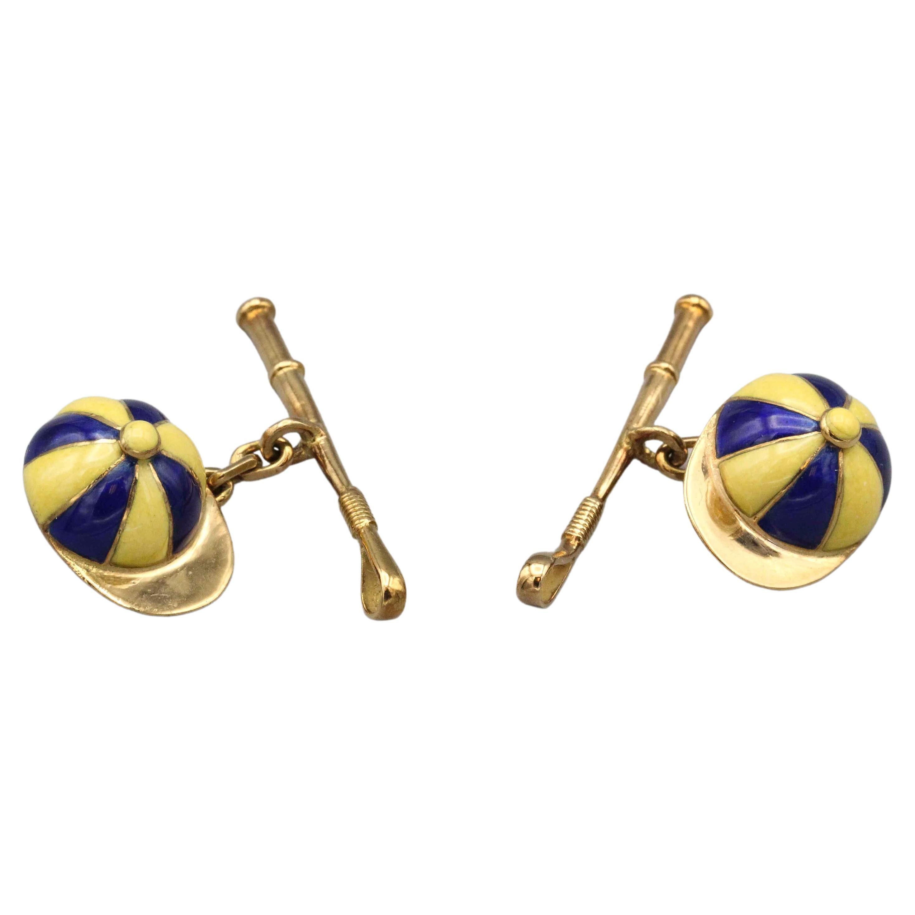 Paul Stuart Enamel Jockey CAP & Whip 18k Gold Equestrian Motif Cufflinks