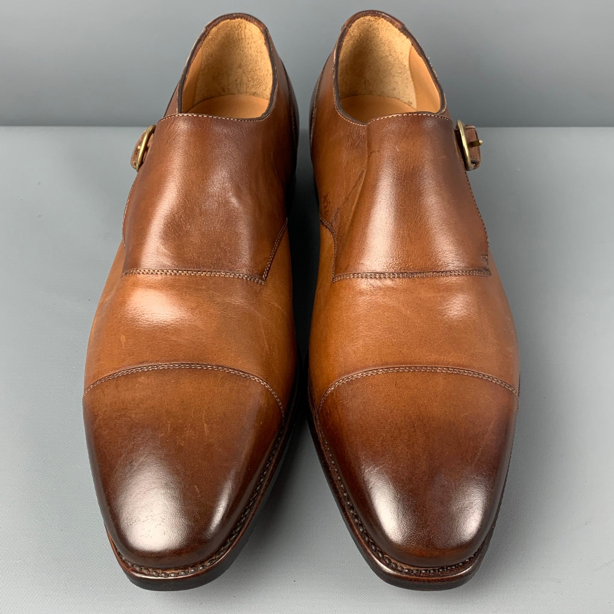 PAUL STUART Size 11 Tan Antique Leather Monk Strap Lace Up Shoes In Good Condition In San Francisco, CA