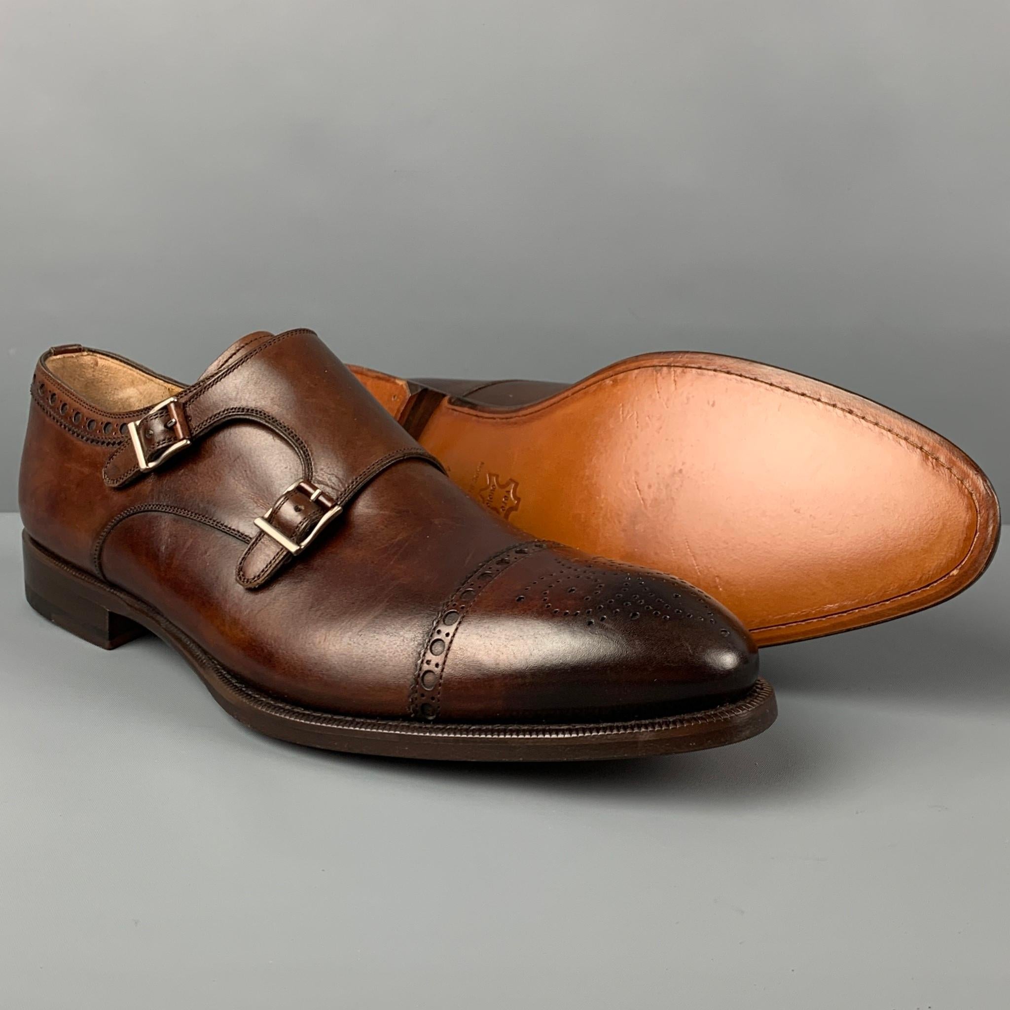 PAUL STUART Size 11.5 Brown Antique Leather Double Monk Strap Loafers In Excellent Condition In San Francisco, CA