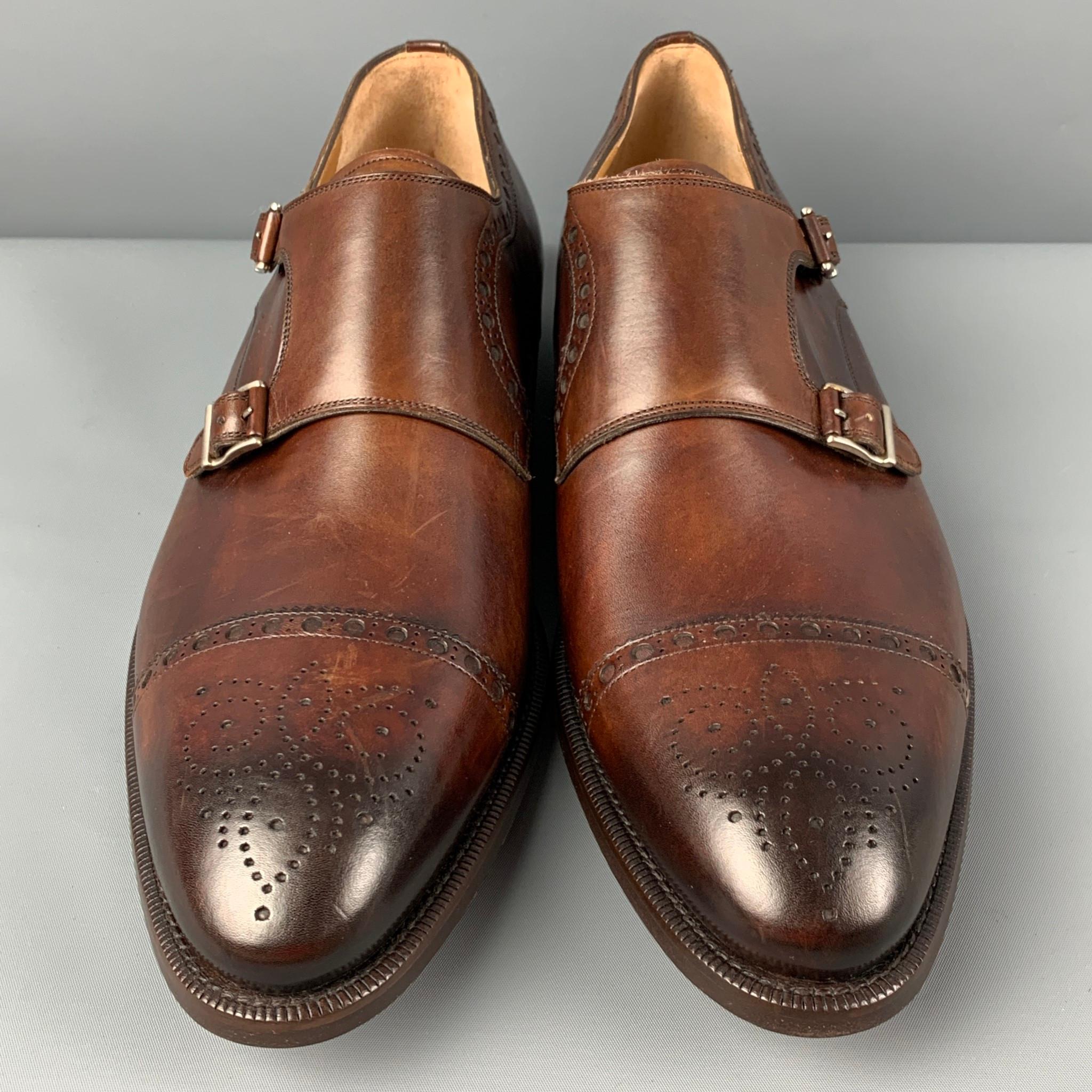 Men's PAUL STUART Size 11.5 Brown Antique Leather Double Monk Strap Loafers